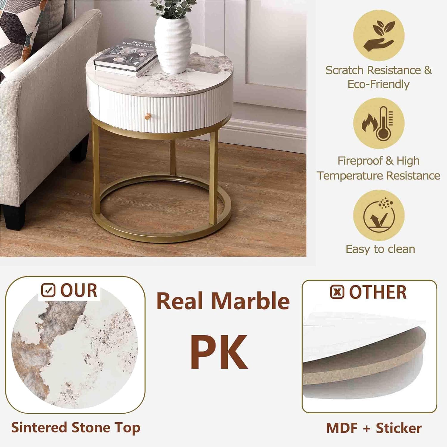 Modern Marble Nightstand Set of 2 with Drawer, Gold Metal Frame Bedside Table, Sintered Stone Top Accent End Table for Bedroom or Living Room, Beige White Side Tables with Storage