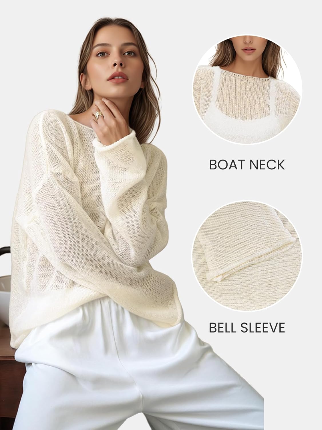 Women's Oversized Sheer Mesh Knit Sweater, Bell Long Sleeve Hollow Out Pullover Tops Trendy Casual Outfits - Image 5