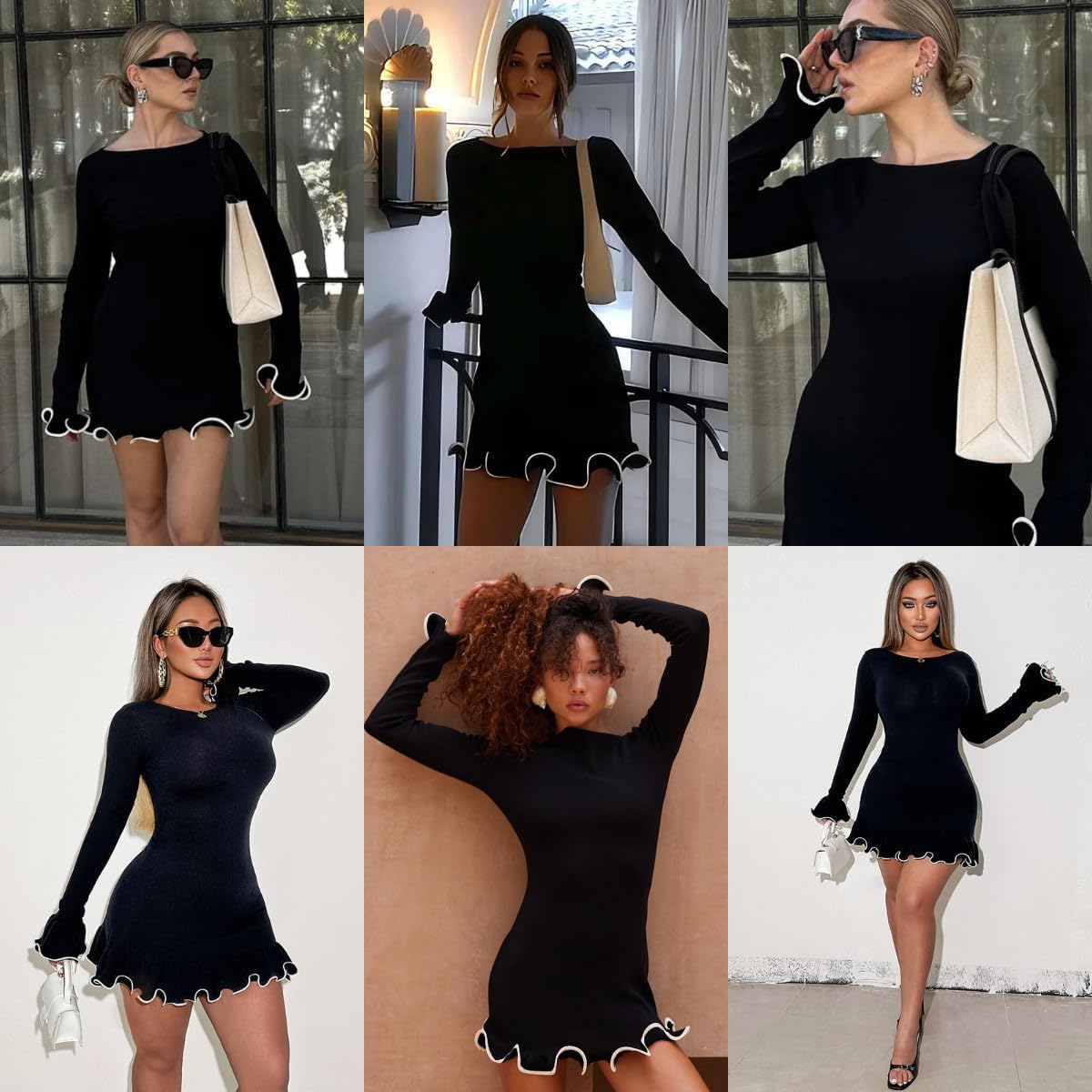 AIBEARTY Women's Elegant Knitted Ruffle Hem Mini Dress Long Flared Sleeve Contrast Color Bodycon Party Club Short Dresses - Image 5