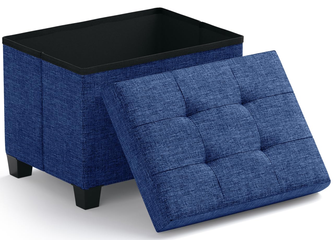 Ornavo Home Small Rectangle Storage Ottoman with Legs, 12x16x12, Navy Blue