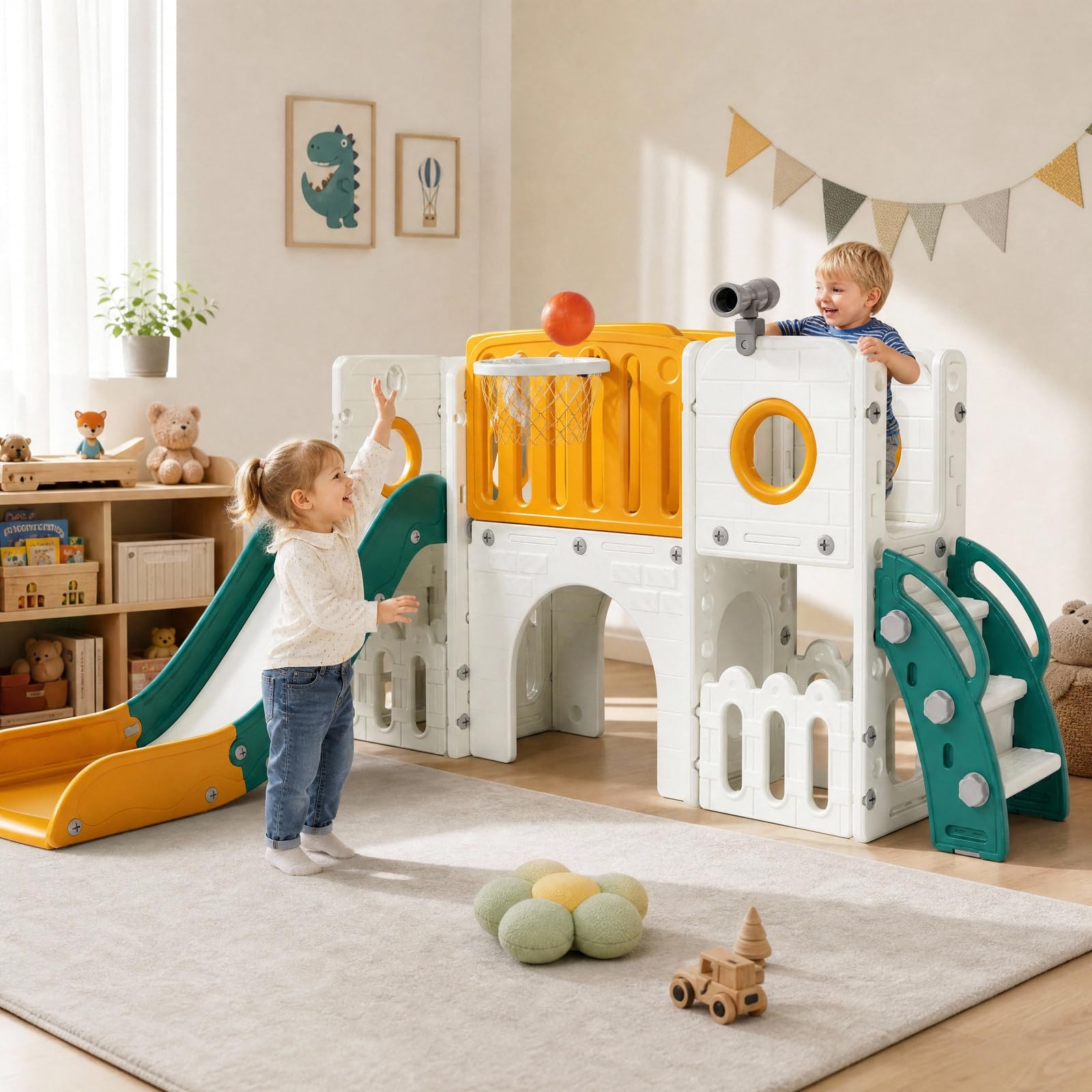 MAMIZO 9 en 1 Tobogán Infantil,Tobogán para Niños con Canasta de Baloncesto | Telescopio de Juego, Tobogán Infantil Interior y Exterio,con Almacenamiento, Túnel, a mit 2PCS Moduls, Amarillo Verde
