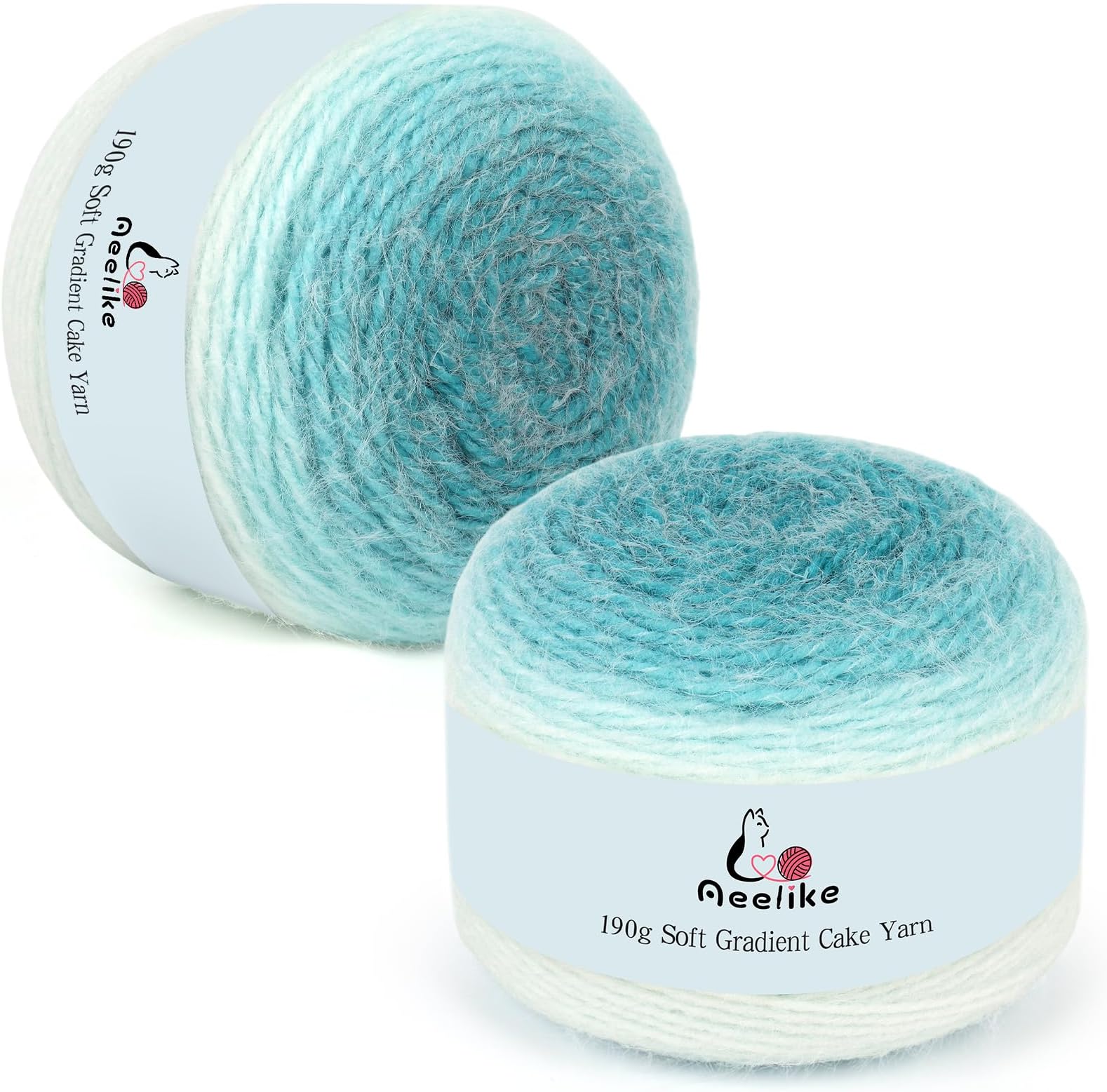Gradient Yarn Cake 2 x 190g - 71% Acrylic 29% Nynon - Soft Plush Cake Yarn for Crochet, Ombre Double Knitting Wool for Baby Blanket Scarf Socks Bags - Gradient Cyan