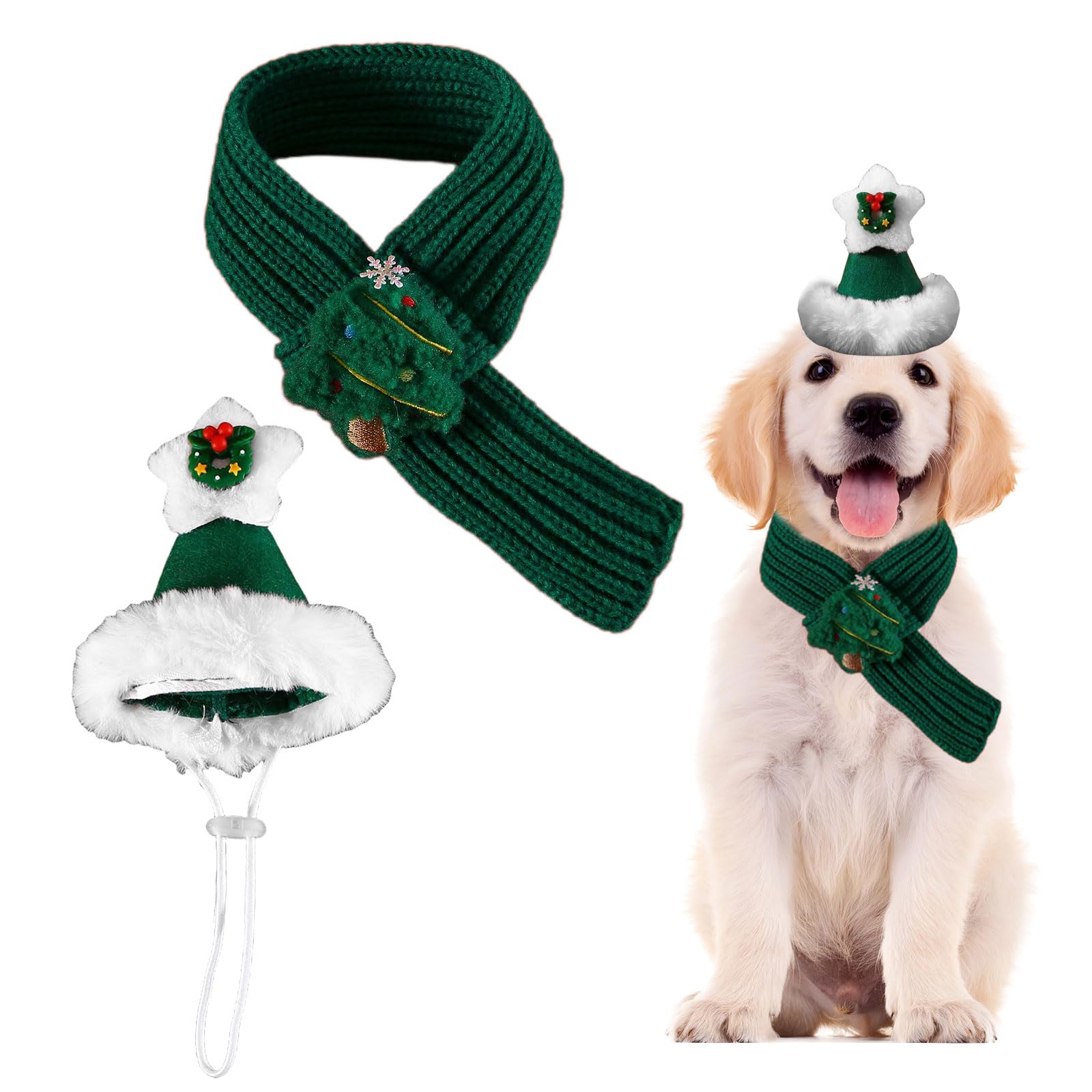 ペット クリスマス 帽子 スカーフ 2点セット コスチューム コスプレ 仮装 変身 猫 犬 かわいい サンタ ツリー ハット 被り物 ネックウォーマー 防寒 秋冬 調節可能 犬用 猫用 ペット服 撮影 クリスマス パーティー プレゼント (レッド帽子+サンタスカーフ, S)