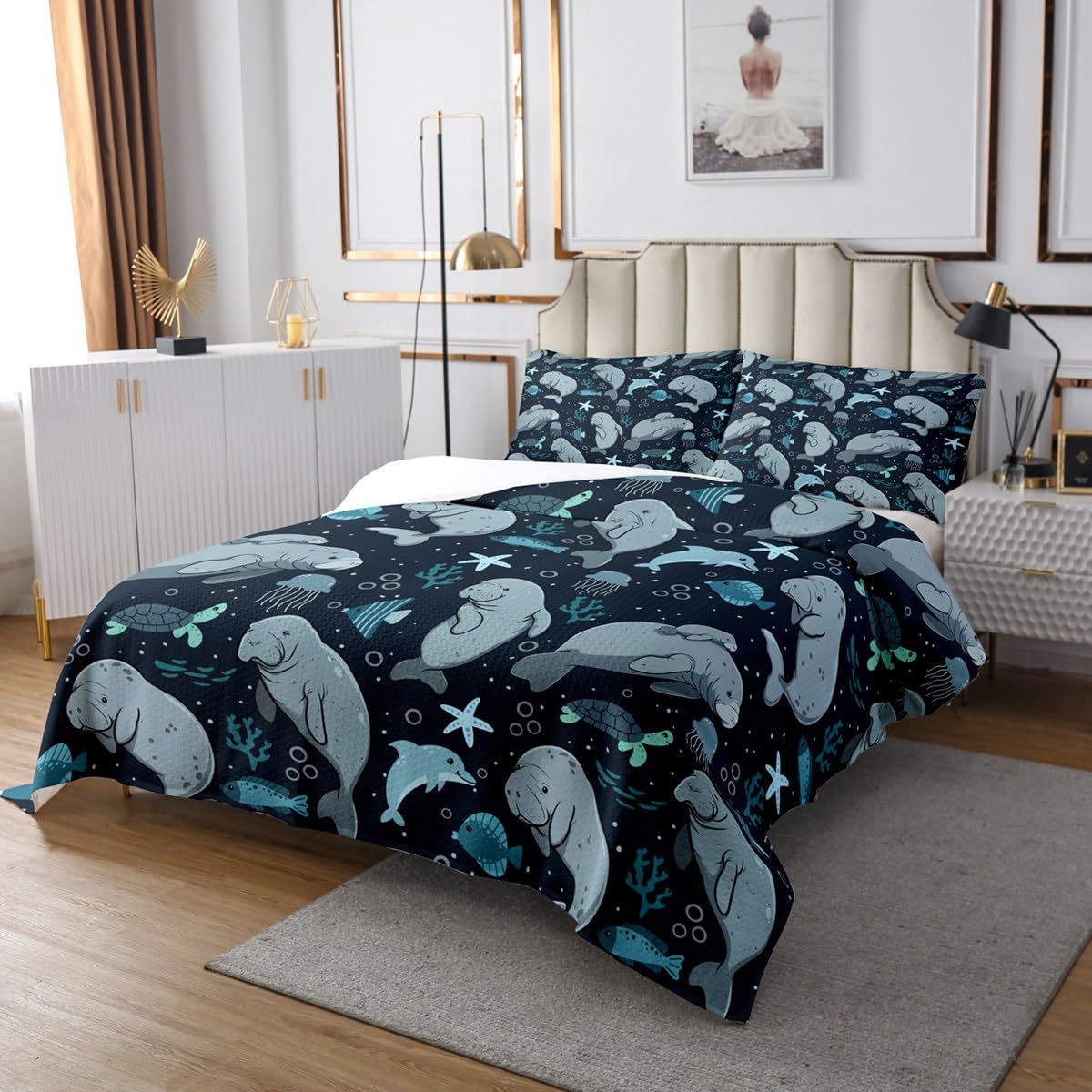 Erosebridal Manatee Bed Sheets Set King - Kawaii Marine Life Design, Blue Grey Microfiber - View #10
