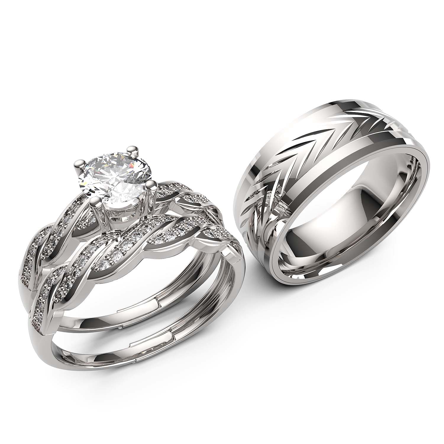 Together With Jewelry Box 3pc Couples Wedding Ring Sets His And Hers Women Sterling Silve Round Moissanite and men Wedding Bands