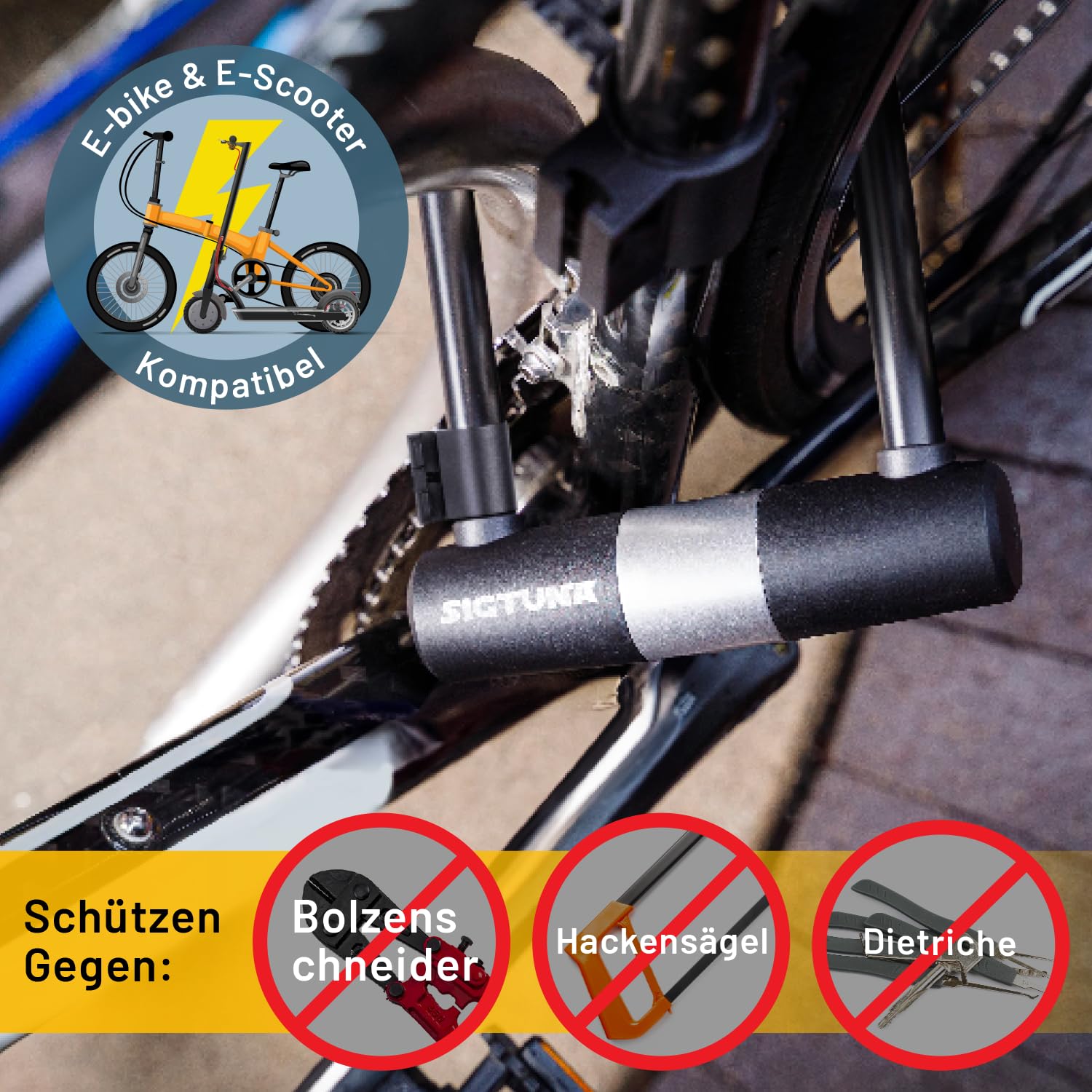 SIGTUNA Fahrradschloss - 18 mm Schweres Fahrrad Bügelschloss fürs Rennrad, Mountainbike, E-Bike, Klapprad mit Halterung, 2 Schlüssel