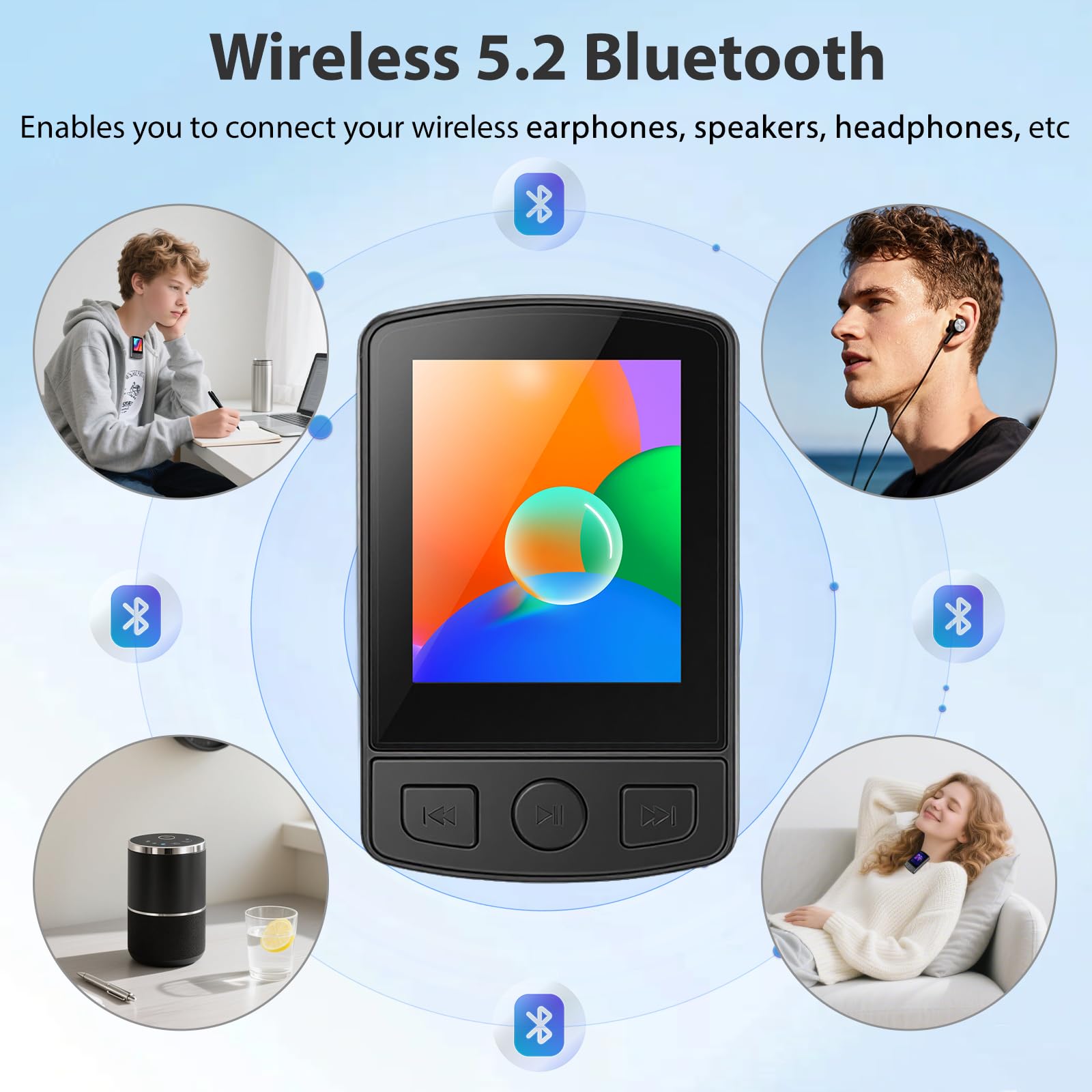 Lettore MP3 Bluetooth 5.2 – 1,8 pollici TFT schermo a colori con clip Sport 32 GB MP3 – lettore radio FM, altoparlante con cuffie, espandibile fino a 128 GB scheda SD per bambini e adulti