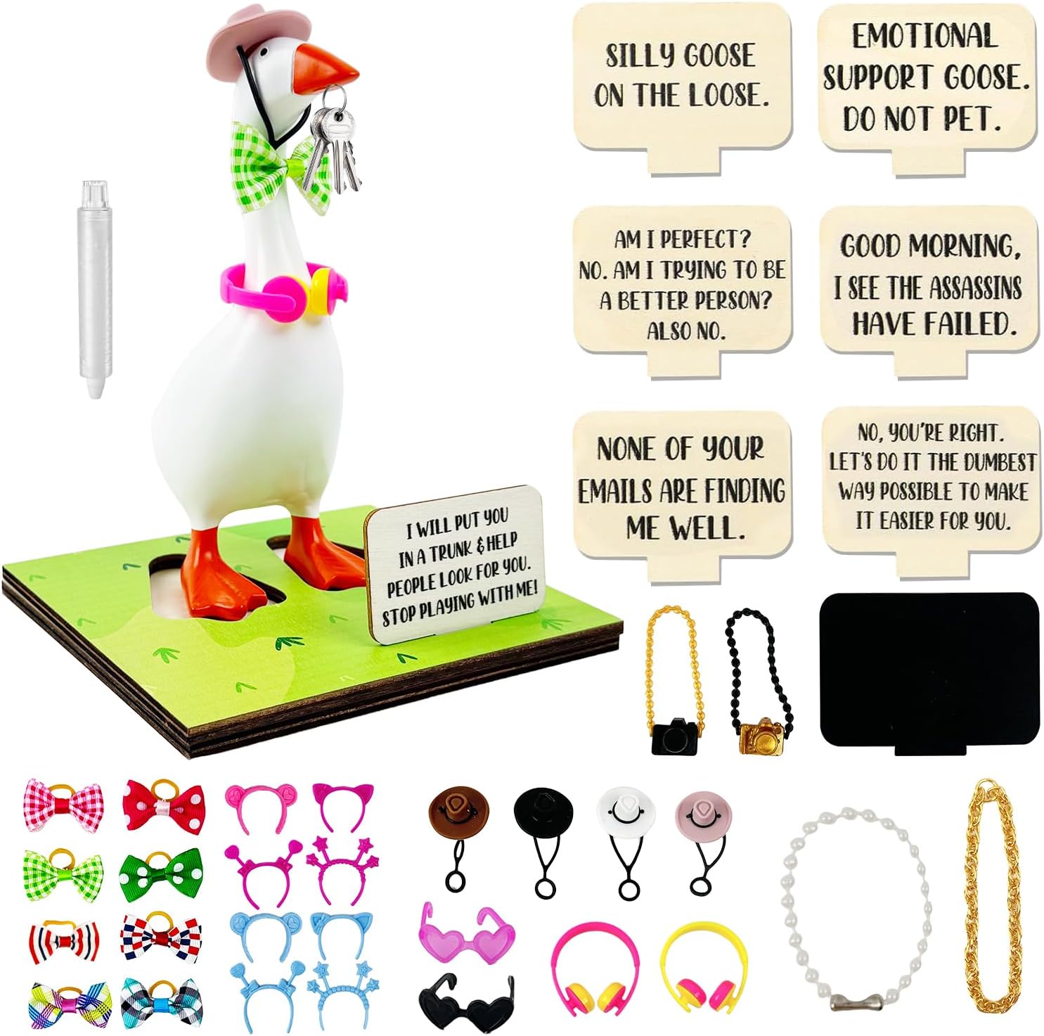36 Pcs Magnetic Goose Key Holder Mini Desk Goose Statue with Base Writable Sign Resin Goose Outfits Mini Hats Chain Collar Accessories for Home Office Desk Decor New Apartment Housewarming Gifts