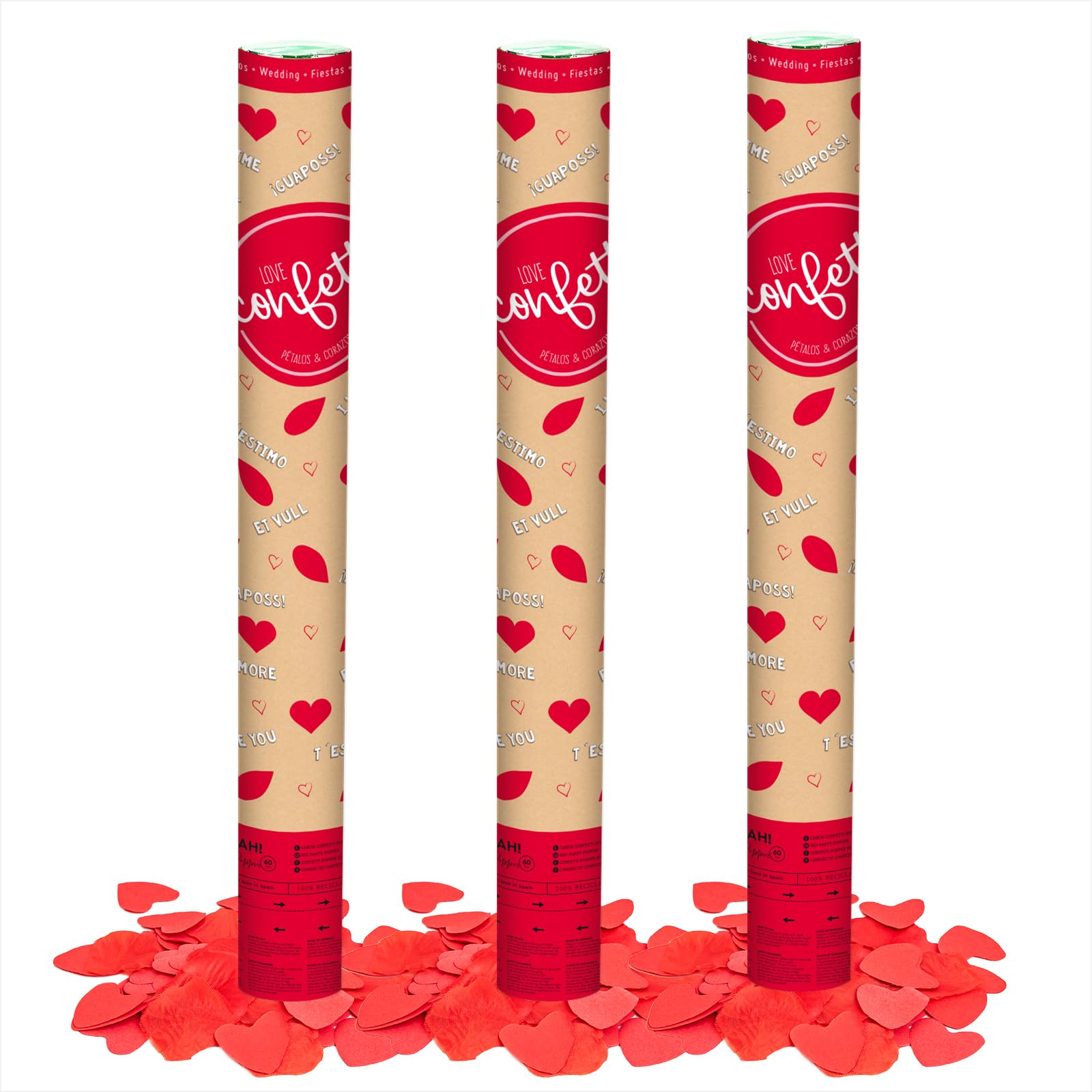 OH YEAH - 3 Unidades - Cañón Confeti Corazón Rojo 50 cm - Confeti Multicolor Rojo - Boda - Fiesta - Eventos - Cañón Fiesta 50 cm - FÁCIL USO