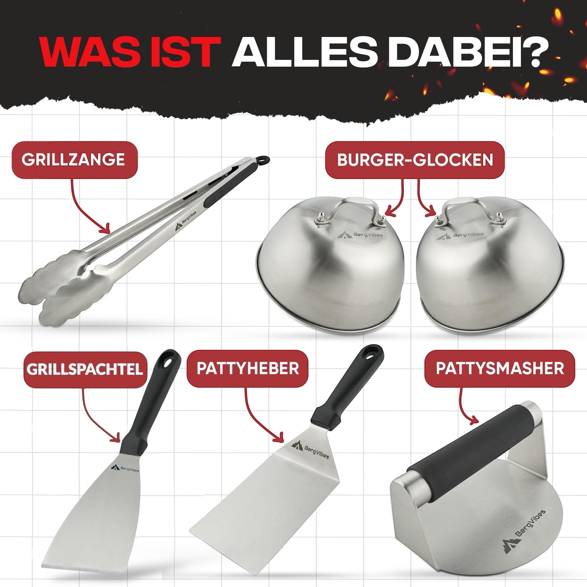 Smash Burger Set 6 TLG. aus Edelstahl für Plancha, 2 Burgerglocken, Burgerpresse, Smasher, Pattywender, Grillzange, Burger Smasher Set, das ideale Geschenkset (Exklusive)