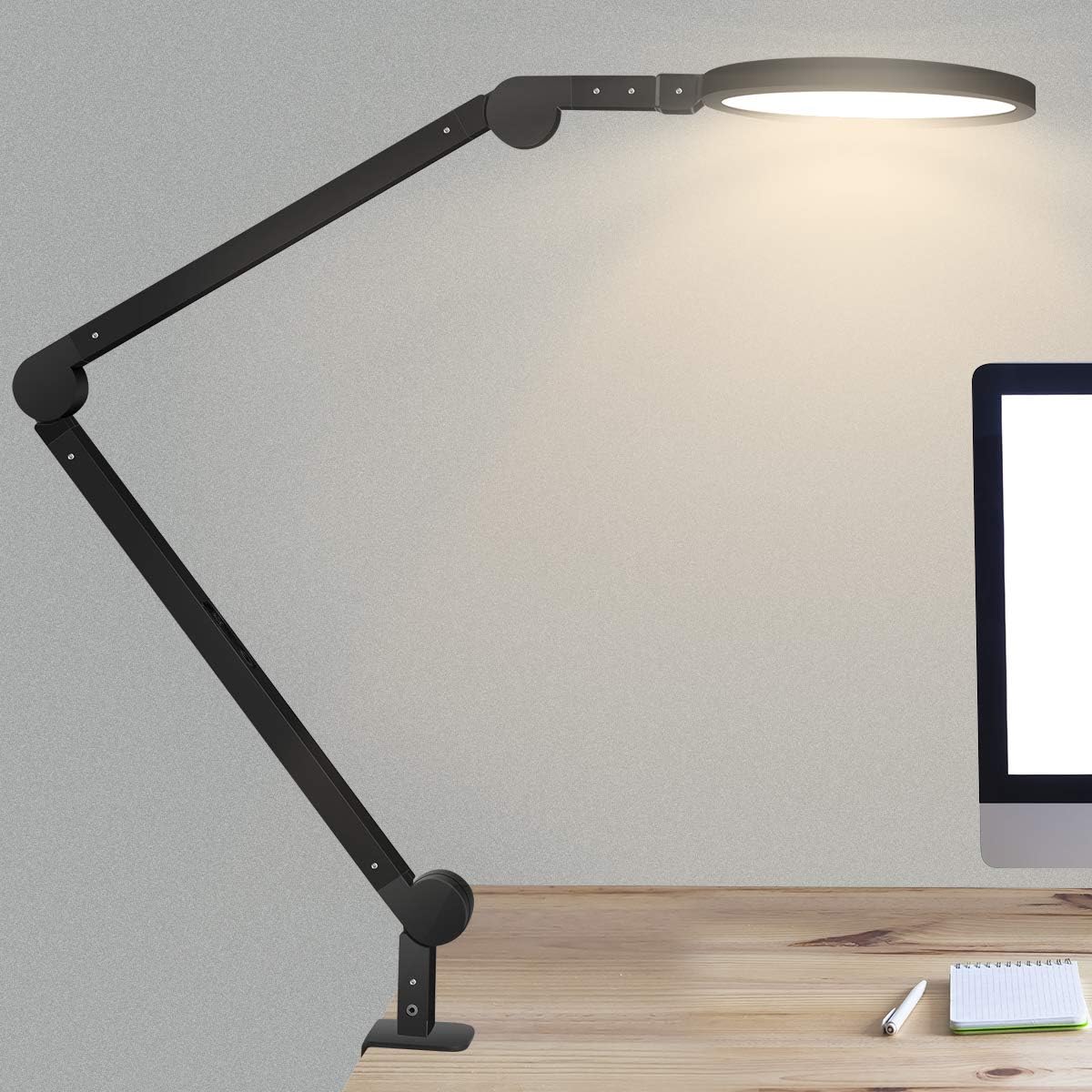 LED Desk Lamp with Clamp, 12W Eye Caring Swing Arm Lamps, Dimmable, 6 Color Modes Modern Architect Table Light with Memory, Timer Function for Study, Reading, Work, Task, Office