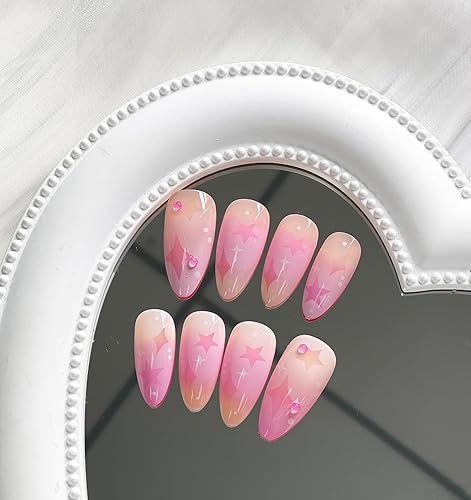 Miniatura 4 de Uñas postizas a presión medianas con diseño de almendra MABKJLF de color rosa, degradado, cobertura completa, estrellas, luna, con diseños de