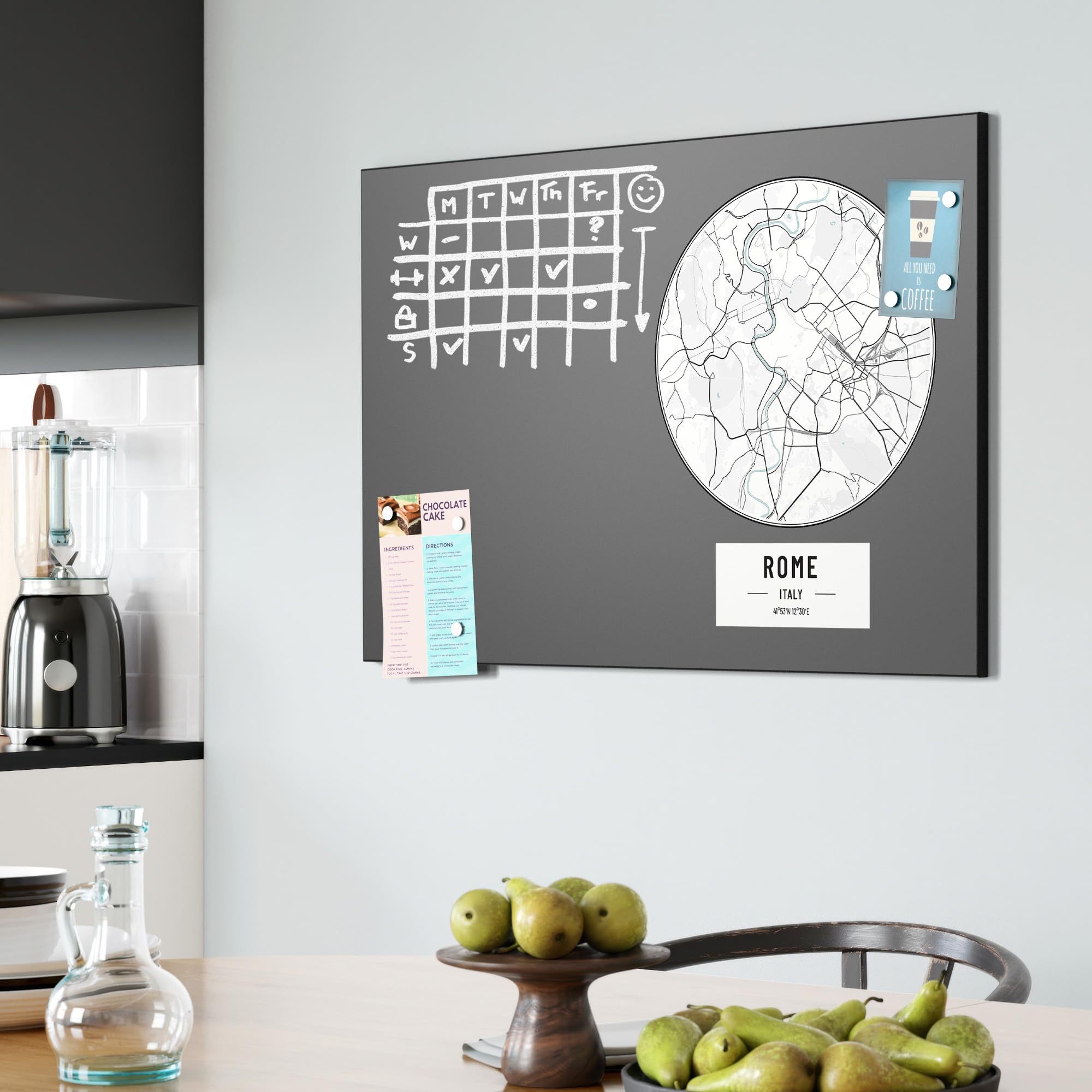 DEQORI Pizarra magnética con impresión UV, diseño "mapa de la ciudad", diseño rectangular, 90 x 60 cm, tiza metálica para escribir, decoración de pared para cocina, pasillo, habitación infantil y