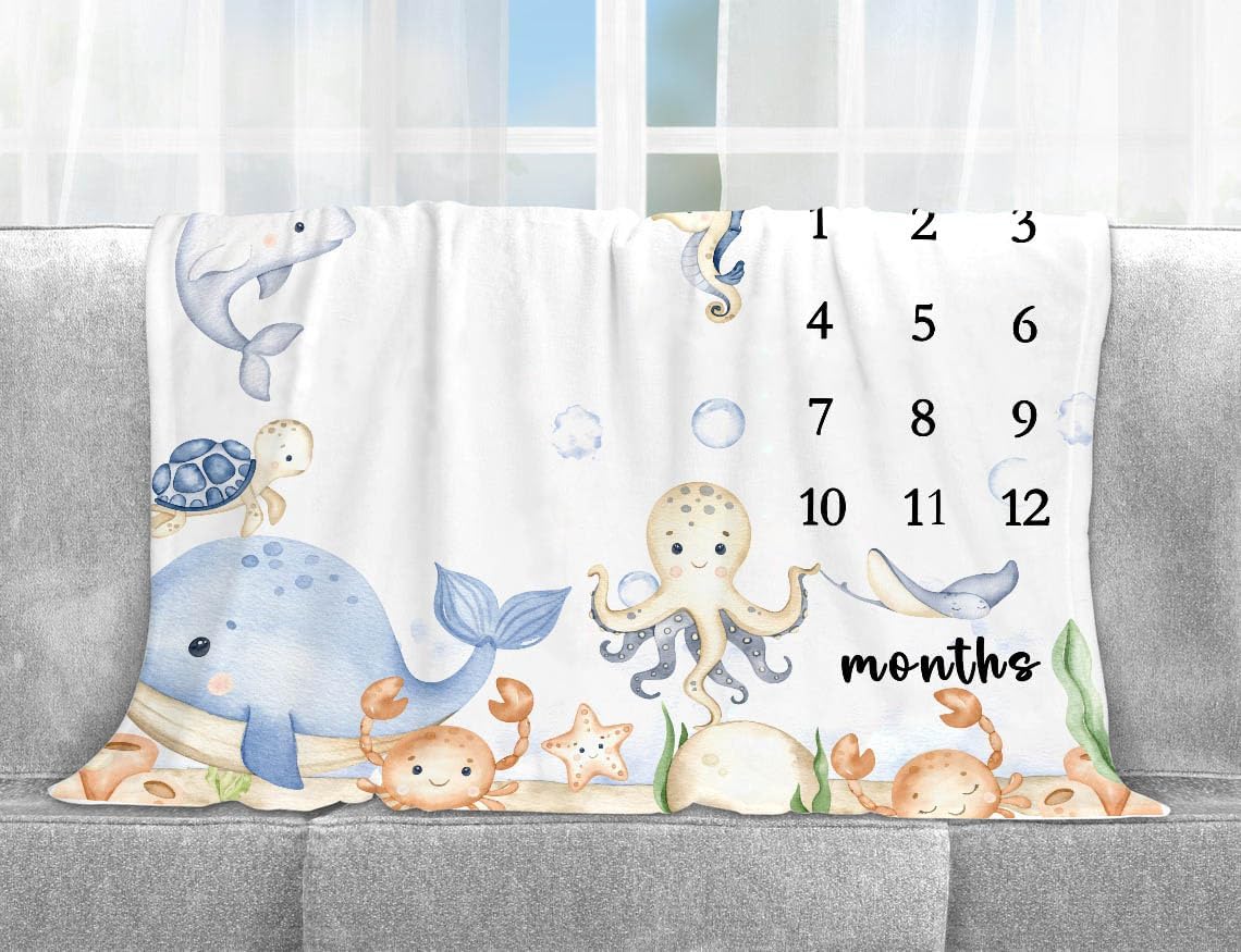 Ocean Baby Milestone Blanket, Under The Sea Growth Chart Monthly Blanket