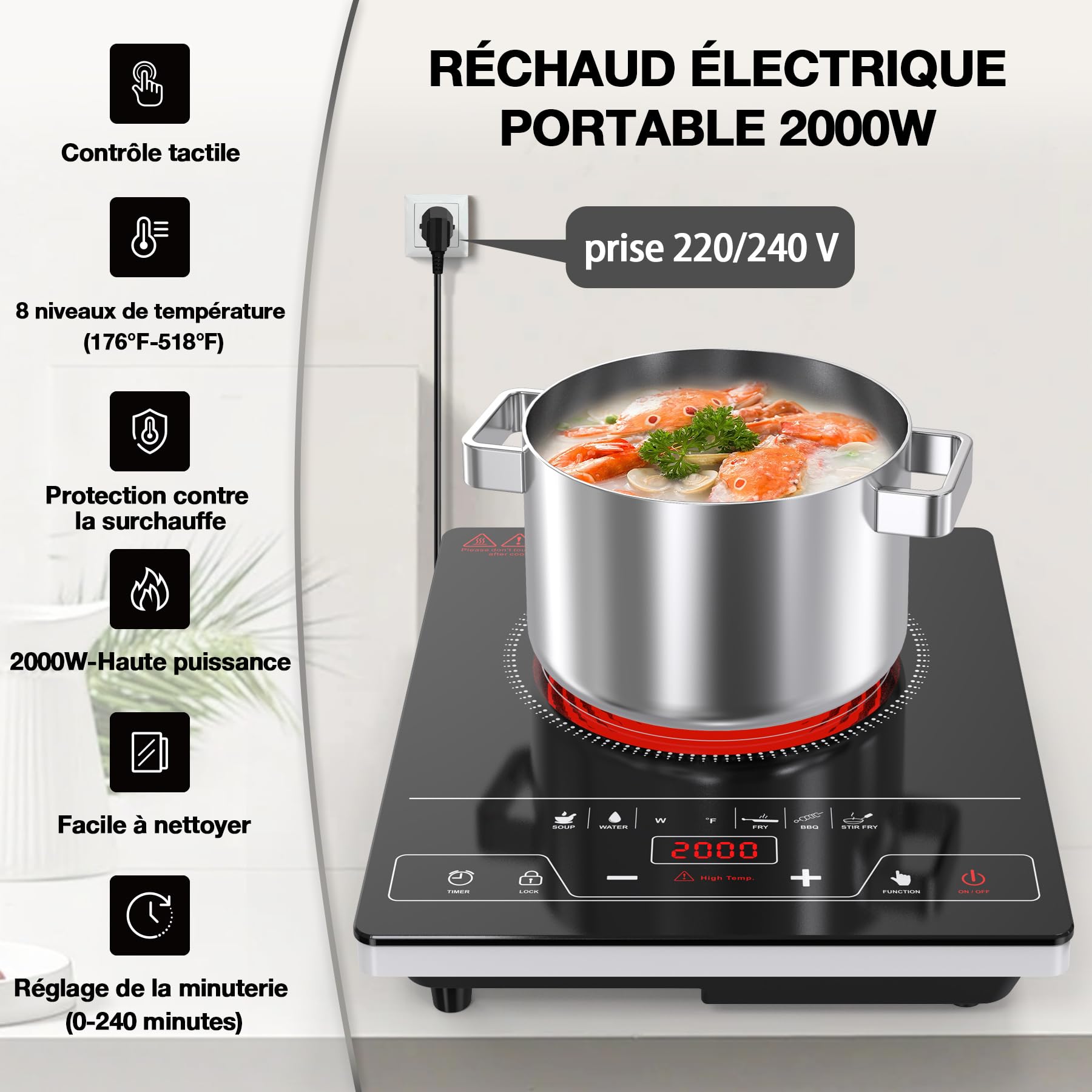 VBGK Plaque Vitrocéramique 1 Feu, Table de cuisson Electrique 2000W, Plaque de Cuisson avec Commande Tactile LED, 8 Niveaux de Puissance, Verrouillage Enfant