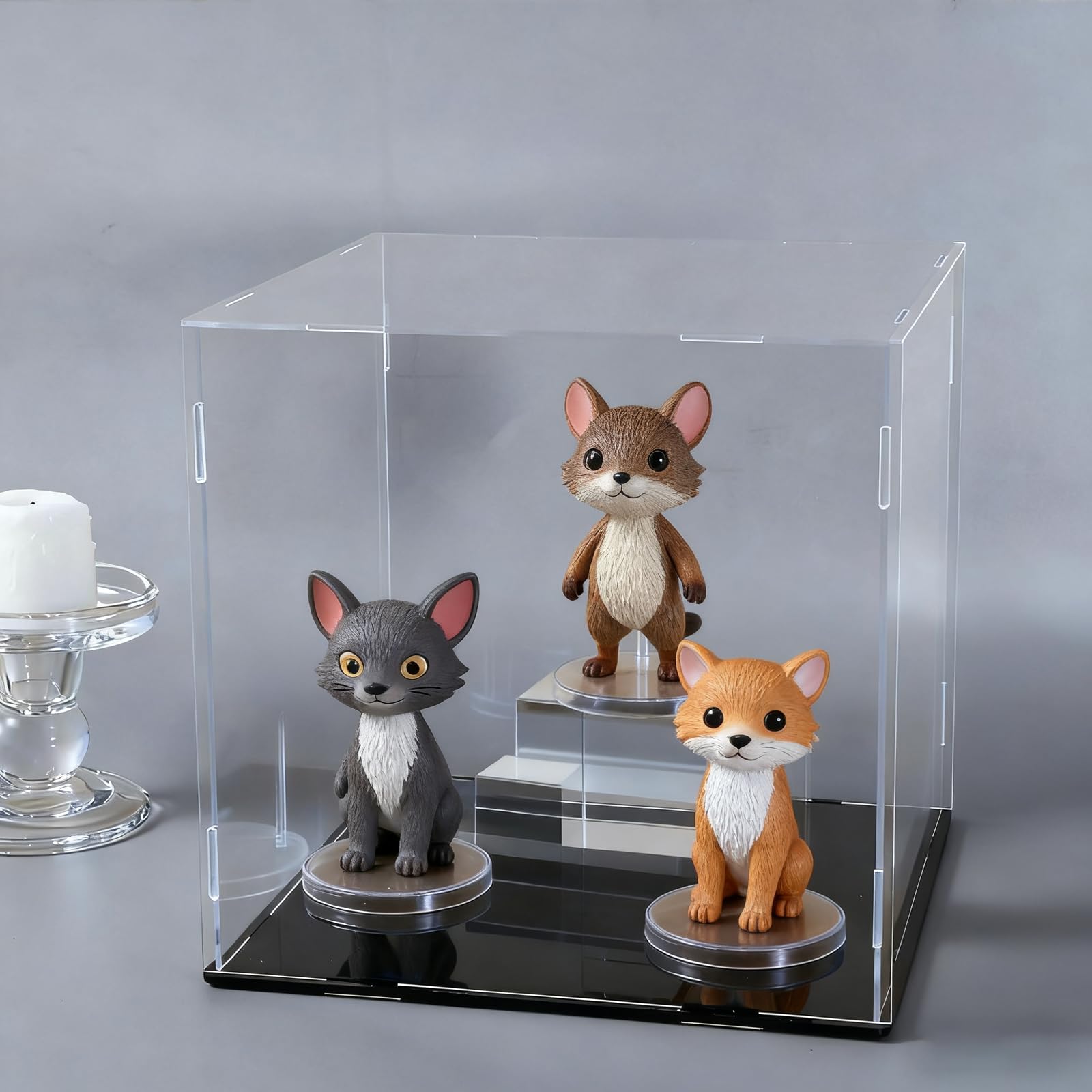 Dezzer Acryl vitrine met zwarte basis, om te monteren, opbergdoos van transparant acryl, stofbescherming, voor actiefiguren, speelgoed, verzamelobjecten, opslag thuis (20 x 15 x 20 cm