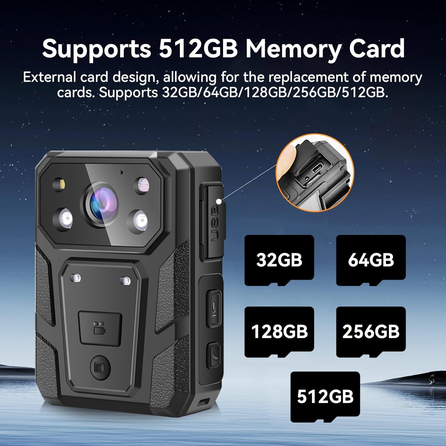 CAMMHD Body Camera showing memory card support up to 512GB