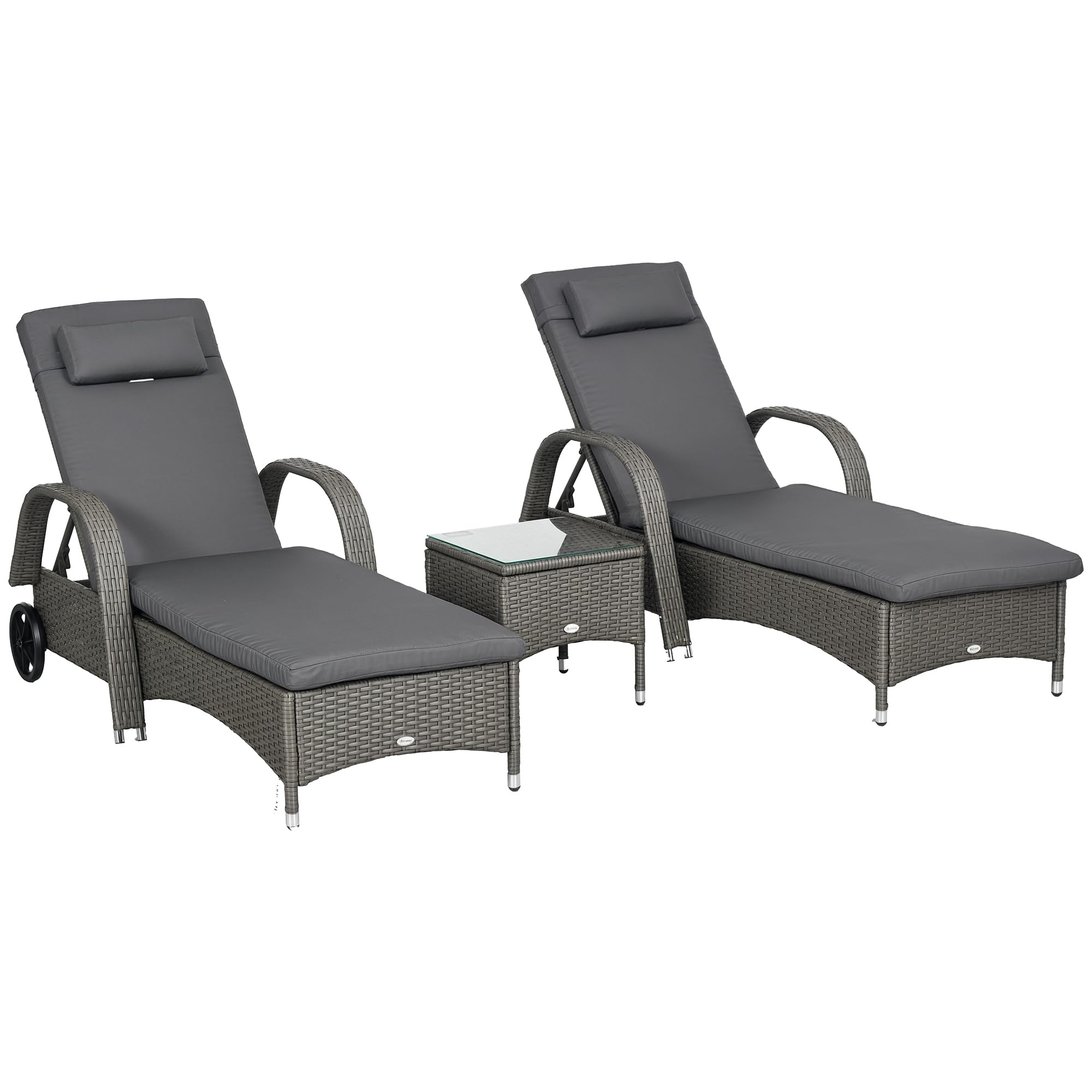 Outsunny Sonnenliege Gartenliege Tisch 3er-Set Gartenmöbel, Polyrattan+Metall 4 Farben