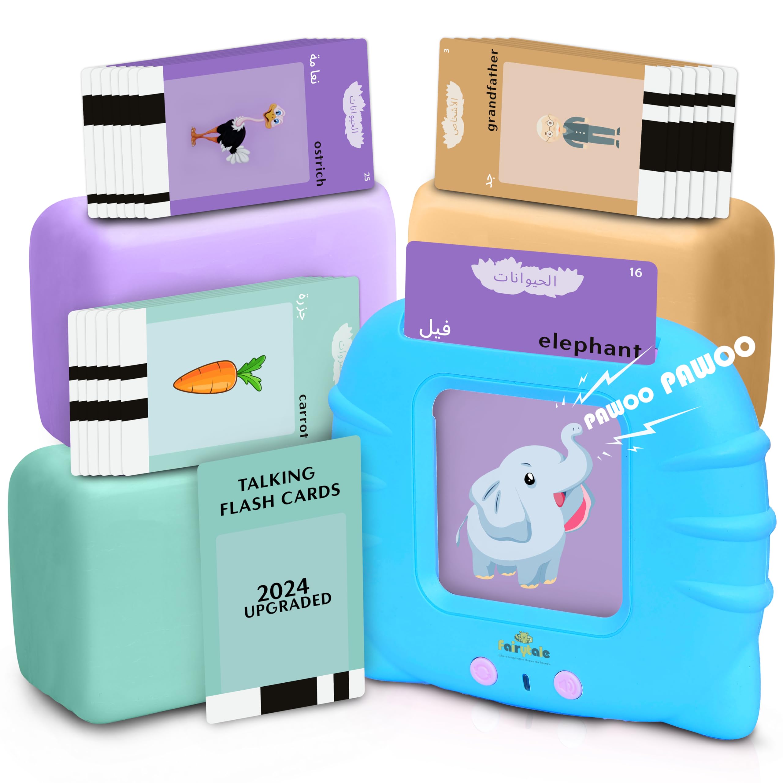 Fairytale 2024 Upgraded Talking Flash Cards for Toddlers 1-4 Years - 112 Cards Learning & Education Toys, Birthday Gift Playing Cards Toys for Boys, Arabic - English Pronunciation Baby Toys (Blue)