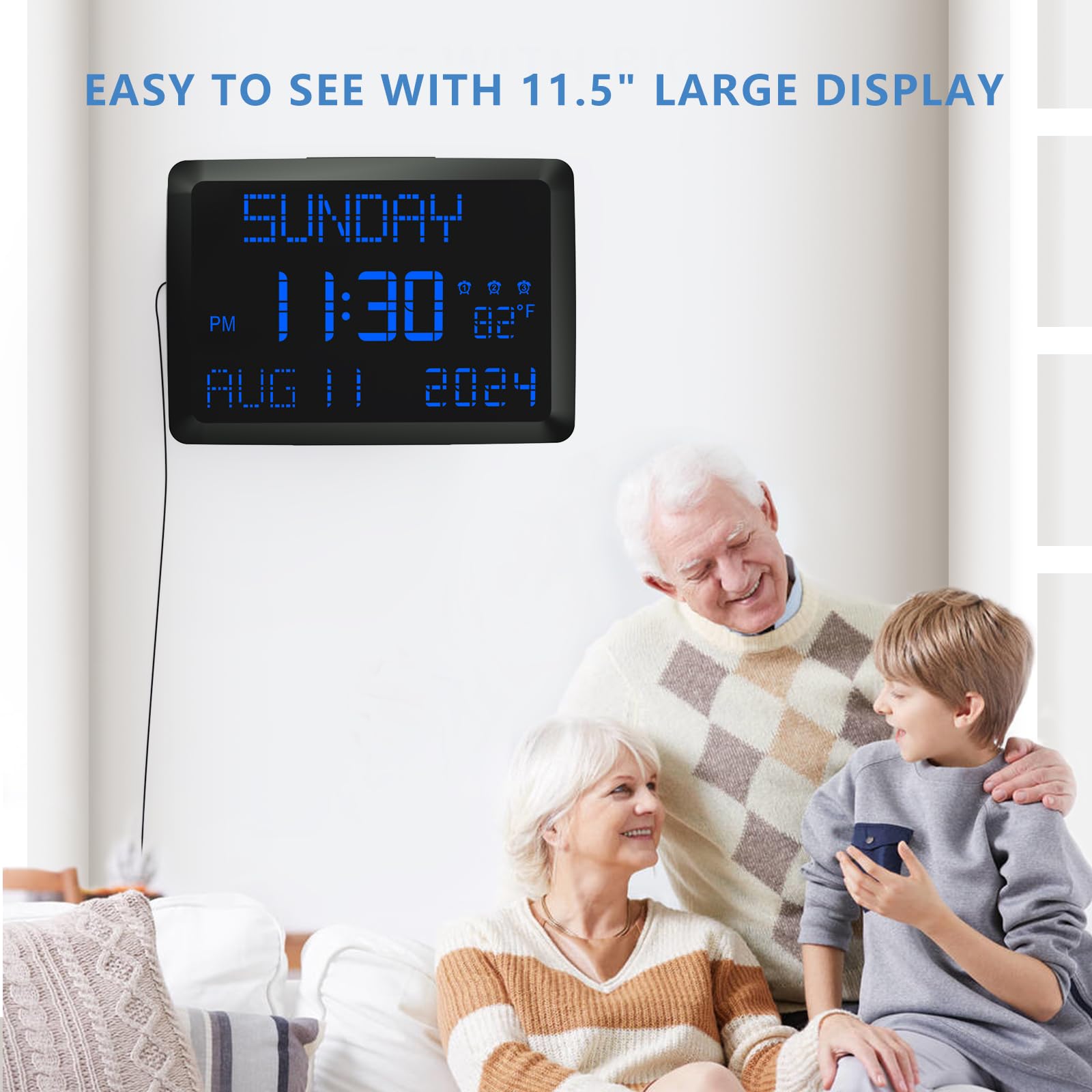 Raynic - Orologio da parete digitale con ampio display da 11,5 pollici, orologio con calendario regolabile luminosità con giorno e data, temperatura interna, ripetizione, 12/24 ore, DST per la casa,