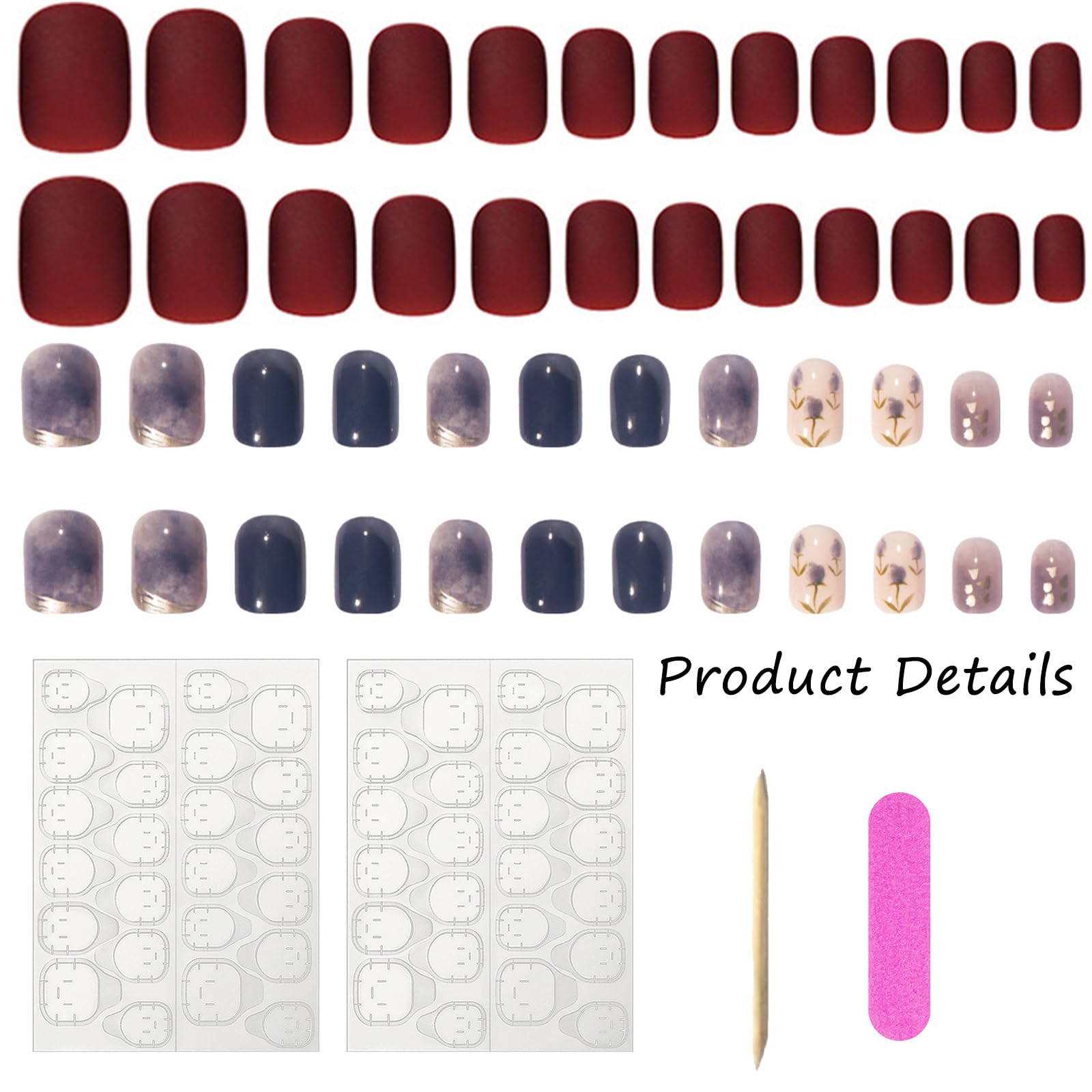 2 Sets Press On Nails, Matte Red Fake Nails for Women, Artificial Nails with Jelly Glue and Tools, 48 Pieces Nail Extensions Kit for DIY Manicure at Home or Special Occasions 1