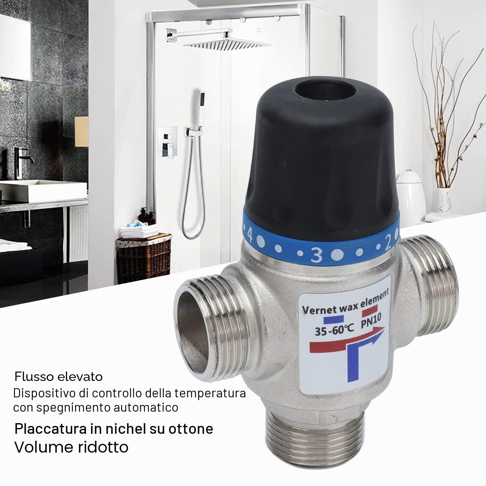Valvola miscelatrice termostatica, dispositivo di controllo della temperatura in ottone nichelato Valvola miscelatrice a 3 vie di grande flusso per bagno per doccia(G3/4")