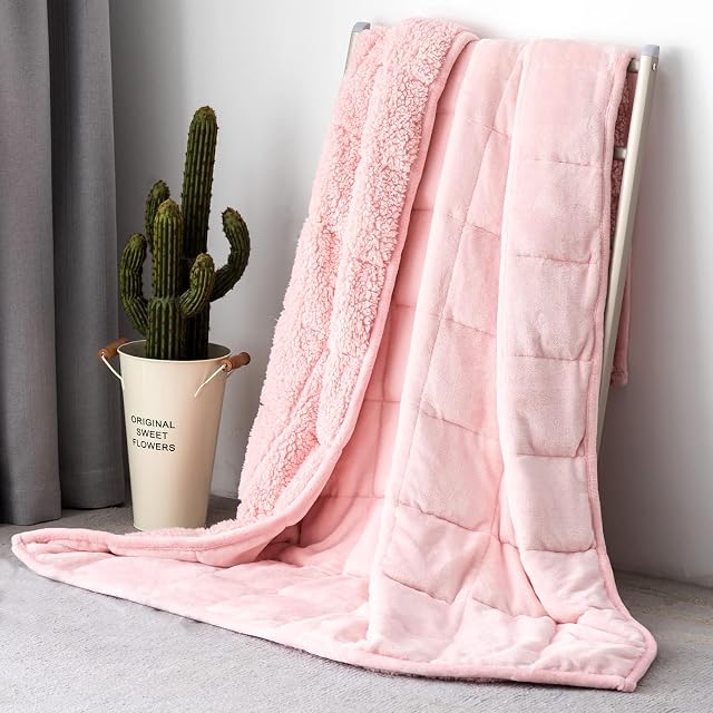 Topblan Sherpa Fleece Weighted Blanket 6.8kg, Uniformed Color with Fuzzy Fleece and Shaggy Sherpa to Help with Better Sleep, 150 x 200 cm Pink