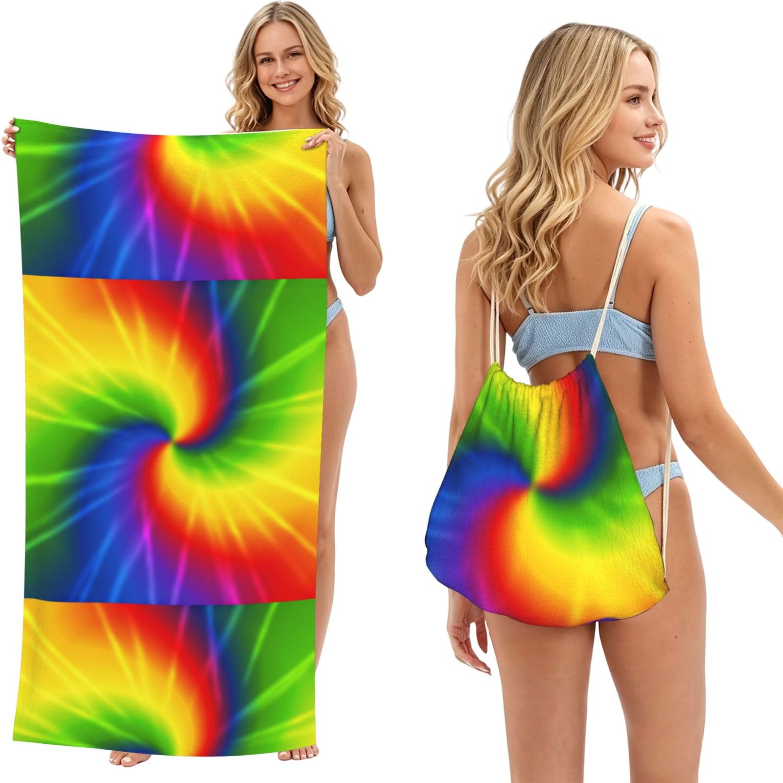 Poadnly Tie Dye Rainbow, 2 in 1 Packable Towel Bag, Beach Towels with Drawstring Backpack for Travel Holiday Camping