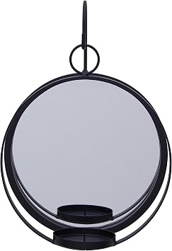 Danya B. Round Wrought Iron Pillar Candle Sconce with Mirror A Decorative Rustic Metal Hanging Wall Candleholder