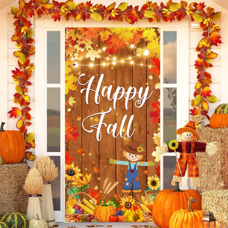 AIBIIN Happy Fall Door Banner, Happy Fall Decorations Thanksgiving Door Cover Pumpkin Backdrop Sign Party Supplies for Harvest Autumn Birthday