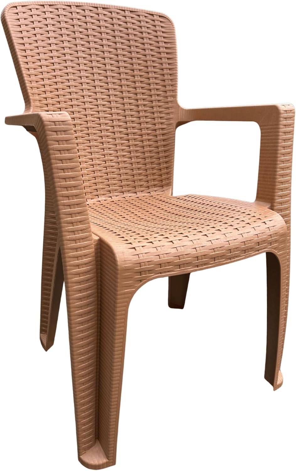 Set of 4 Terracotta Brown Rattan-Style Resin Armchairs – Indoor/Outdoor Dining & Patio Chairs, Stackable, 85 cm (33.5 in) H × 55 cm (21.7 in) W × 58 cm (22.8 in) D, 150 kg Capacity