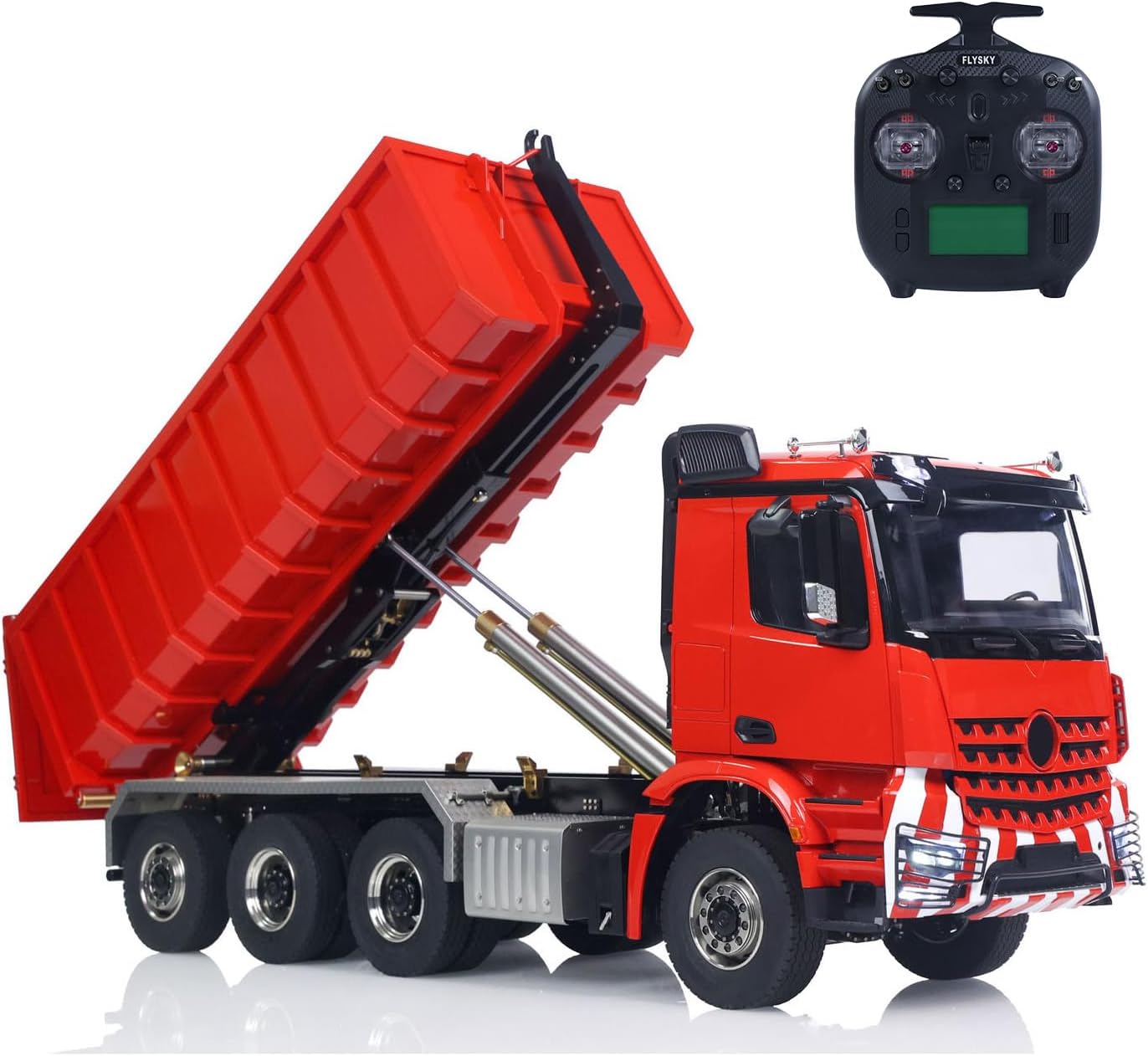 1/14 RC Hydraulic Dumper Truck 8X8 Roll On Off Full Dumper Car Rear Axle Steering Light Sound I6S Radio Controller(Red)