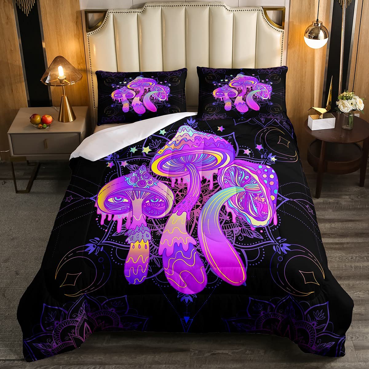 FeelyouKids Cartoon Mushroom Bedding Set Boho Mandala Comforter Set for Boys Girls Cute Galaxy Moon Decor Comforter Colorful Purple Plants Quilt Set Bedroom Collection 3Pcs Queen Size