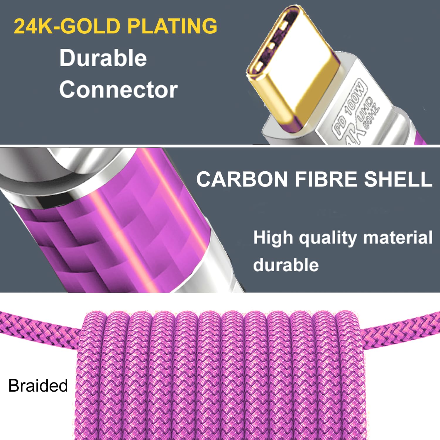 YOTETION Type C To C 60FT Cable,4K@60Hz 100W Fast Charging - Carbon Fiber Braided, High-Speed Data Transfer For Xreal MacBook Pro IPad Pro IPhone 15 Pro Galaxy S22 Portable Monitor - View #6