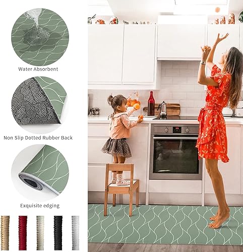 Miniatura 6 de Alfombras de pasillo, decoración de granja con patrón geométrico verde salvia, antideslizante, de perfil bajo, alfombra de pasillo para entrada,