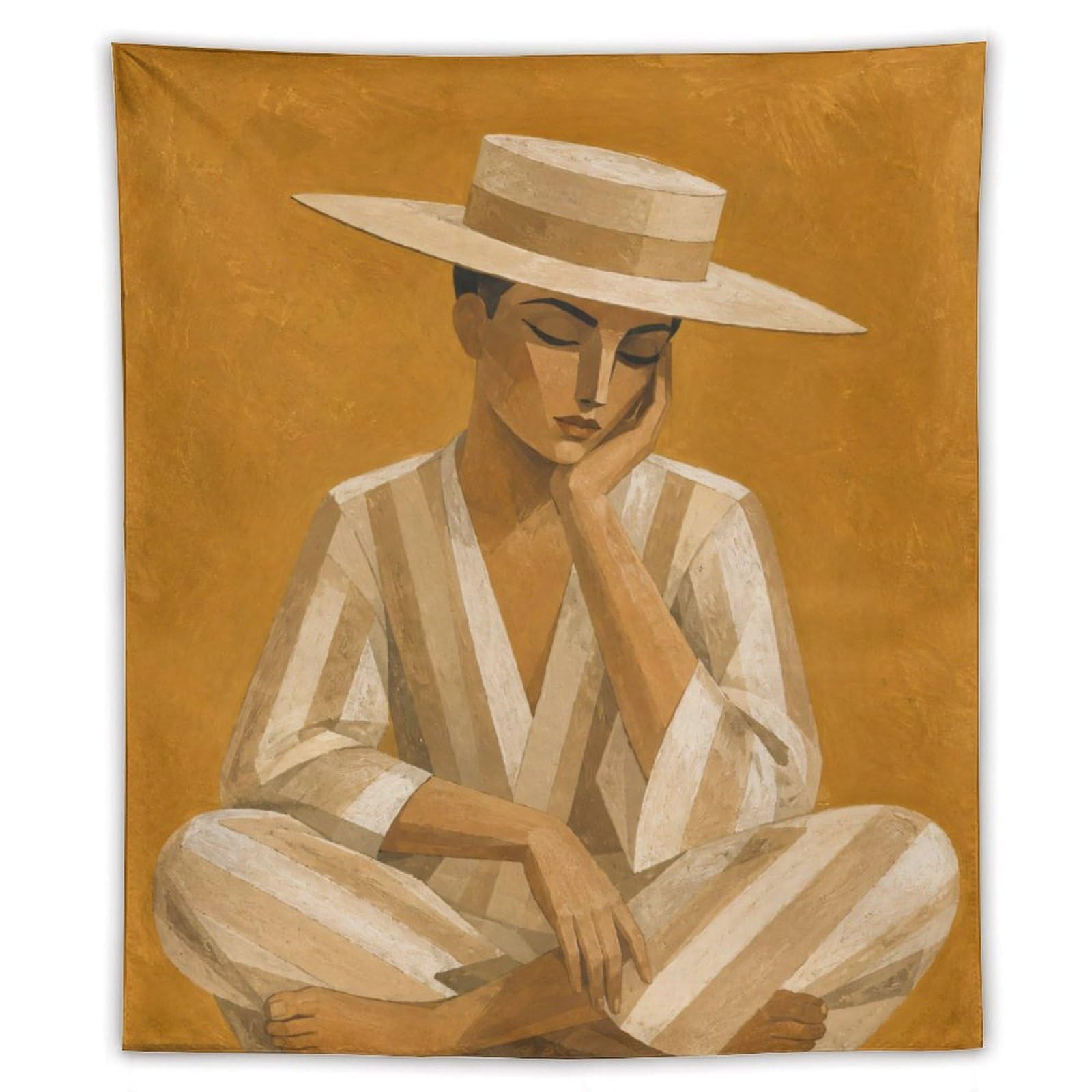 W7C8U2X3 Man in White Hat Wall Tapestry, Geometric Art Style, Entryway