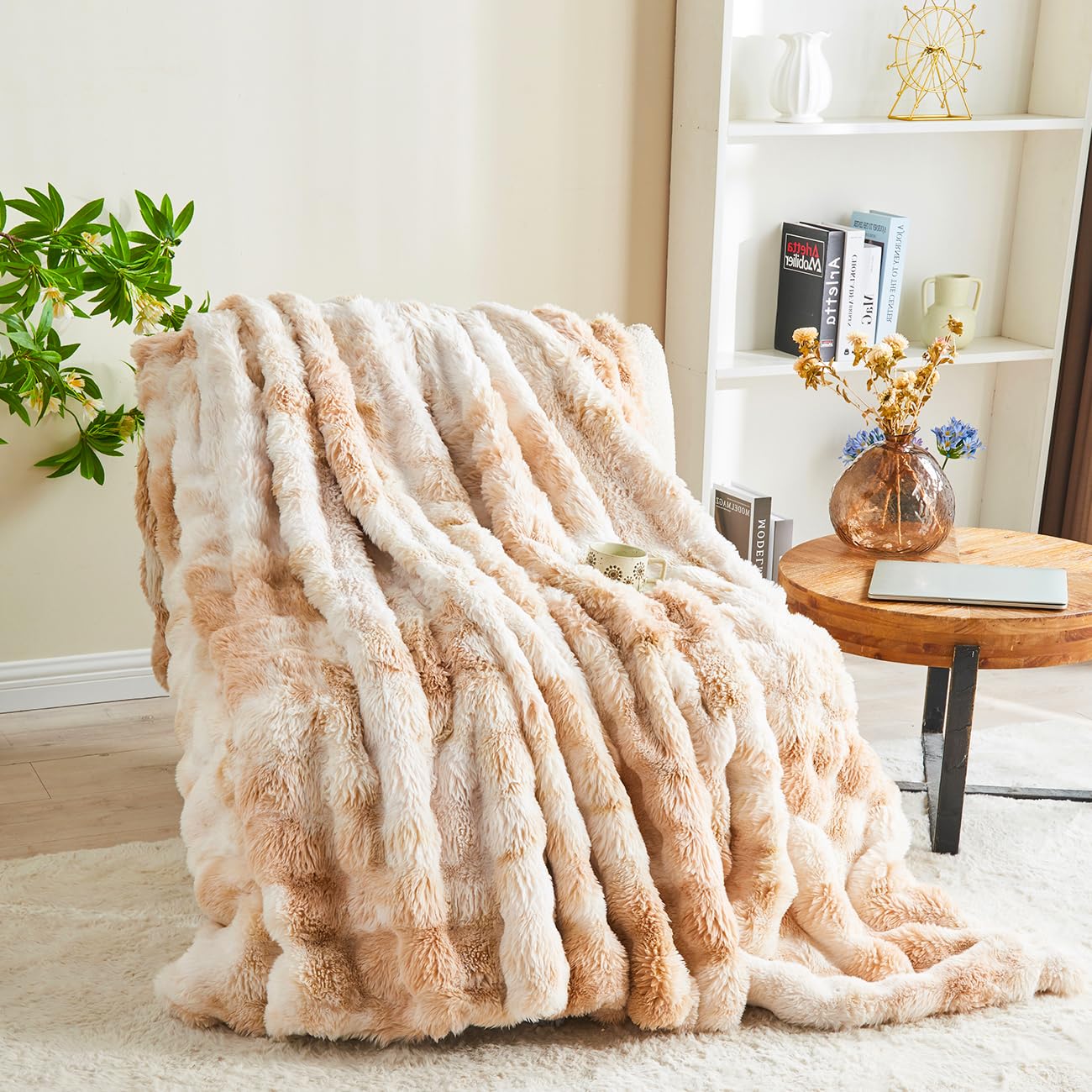STYHO Plush Bubble Blankets for Sofa Bed Soft Fluffy Tie Dyed Faux Fur Throws Warm Cozy Large Size Khaki and White Fuzzy Fleece Blanket Throws for All Season Use(Khaki White