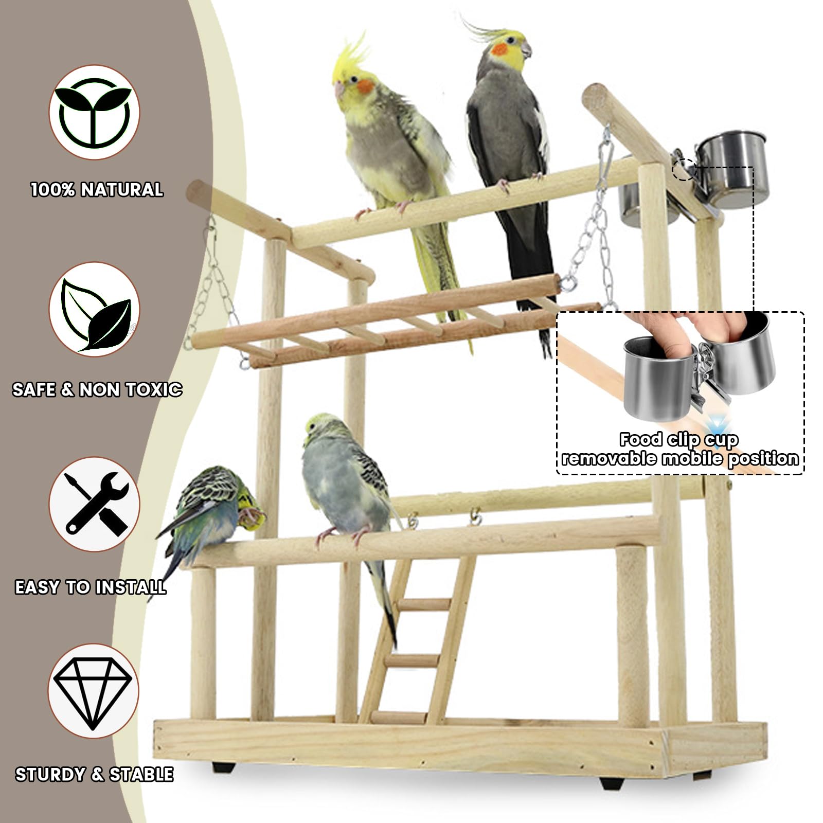 WishesMar Bird Playground Parrot Play Stand with Feeder Cup Swing Climb Ladder and Tray Budgie Playground Cage Exercise Gym Toys for Parakeets Cockatiel, Wooden, Size About 15.8x10.2x18.0 In #J - Image 3