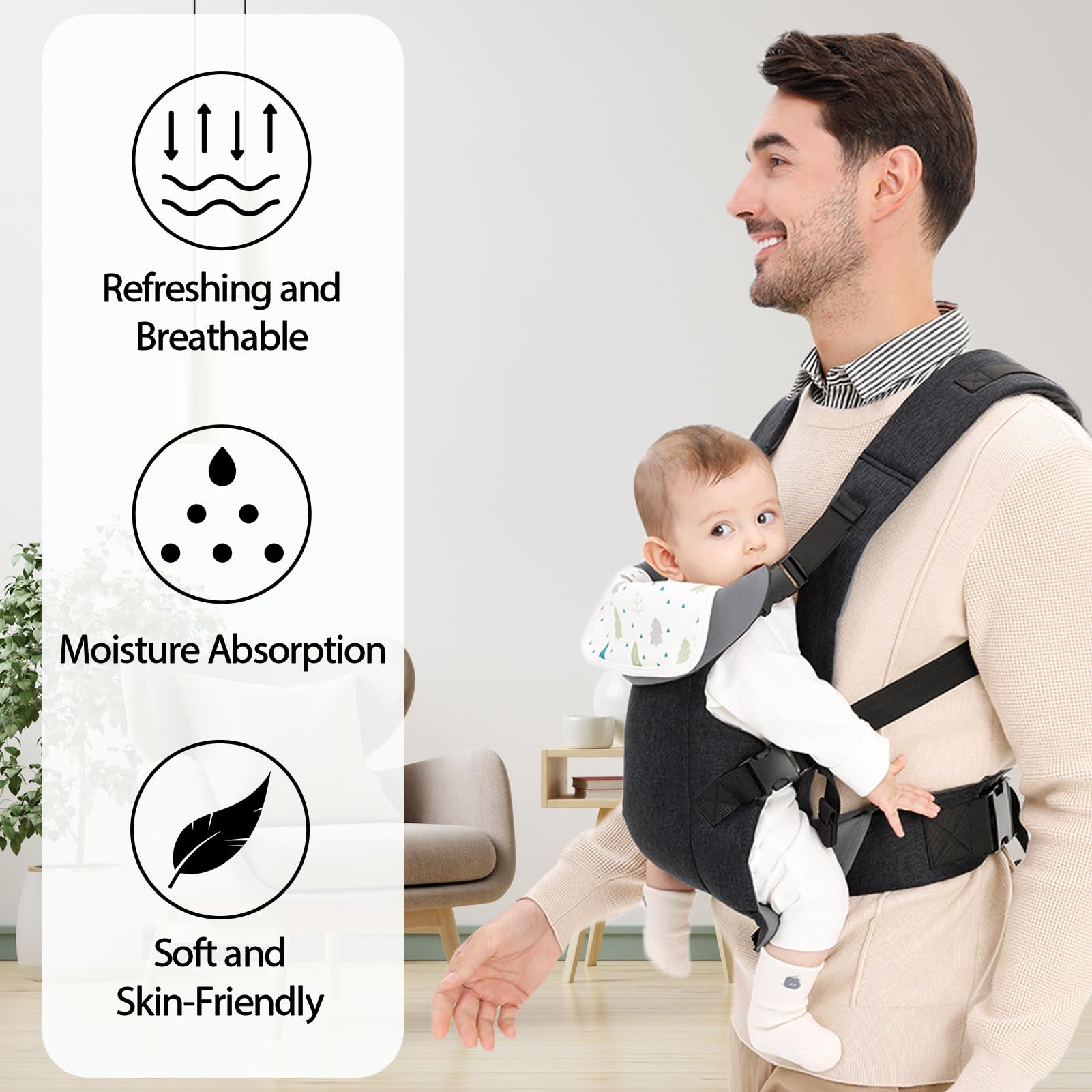 IULONEE Marsupio per Neonati Ergonomico Porta Bebè Portaneonati con Bavaglini Staccabili Baby Carrier Carry Porta bambini 3-36 Mese (3-15kg) (Nero)