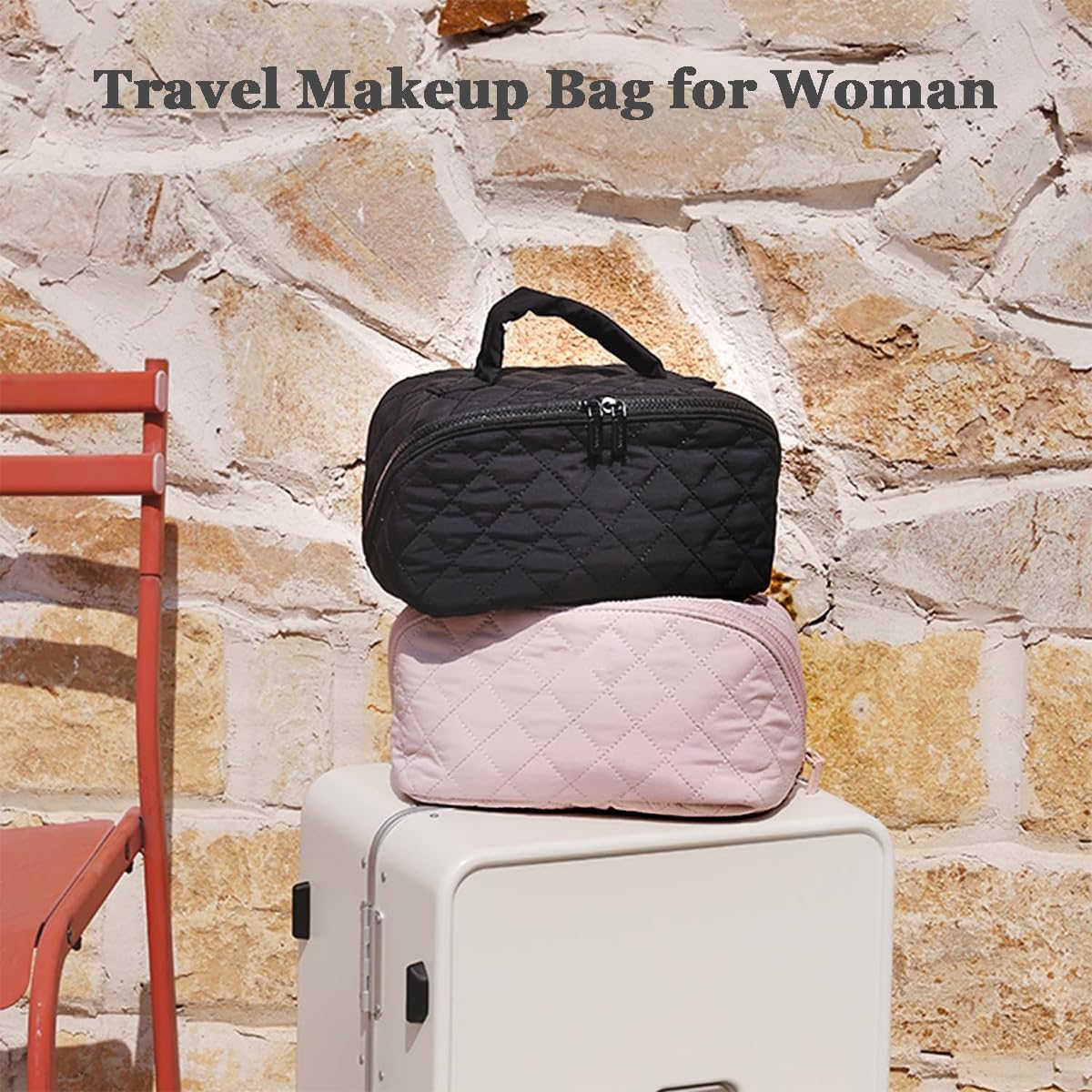 Travel Makeup Bag, 180° Lay-Flat Design, The 2-Piece Set, Multi-Pocket Spacious, Wide-Open View, Travel Makeup Bag for Woman, with Multiple Layers, Portable Storage Bag (Black)