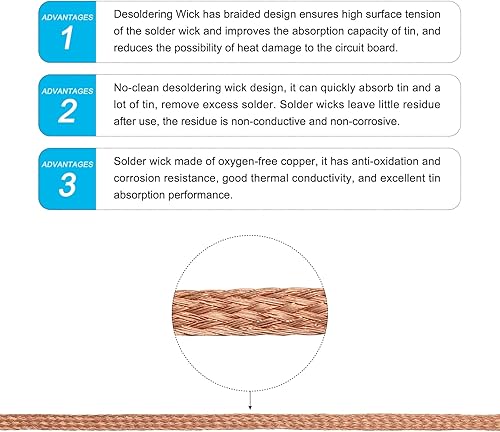 Miniatura 4 de MECCANIXITY Trenza de mecha de soldadura, trenza de mecha desoldadora sin limpieza, 0.08 pulgadas de ancho y 4.92 pies de longitud para quitar los