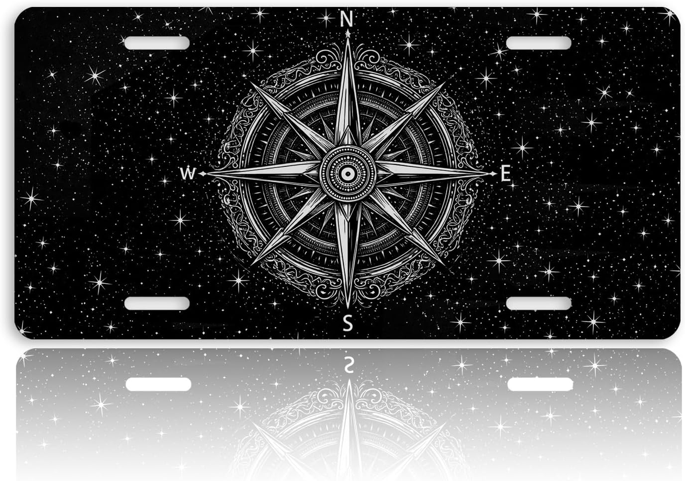 Compass Front License Plate for Women Adventure Travel Nautical Starry Sky Car Vanity Plates Decorative Aluminum Metal Cute Novelty License Plate for Men 6x12 Inch (4 Holes)
