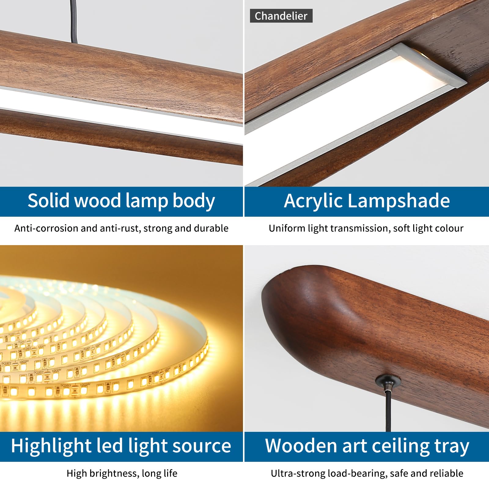 Mikeru Luce a Sospensione Lineare, 130cm Tavolo da Biliardo Luci 3000k/4500k/6000k Luci del Pendente Regolabili di Altezza 1.5metri 10%-100% Legno LED Dimmerabile Luce Del Pendente per Il Soggiorno