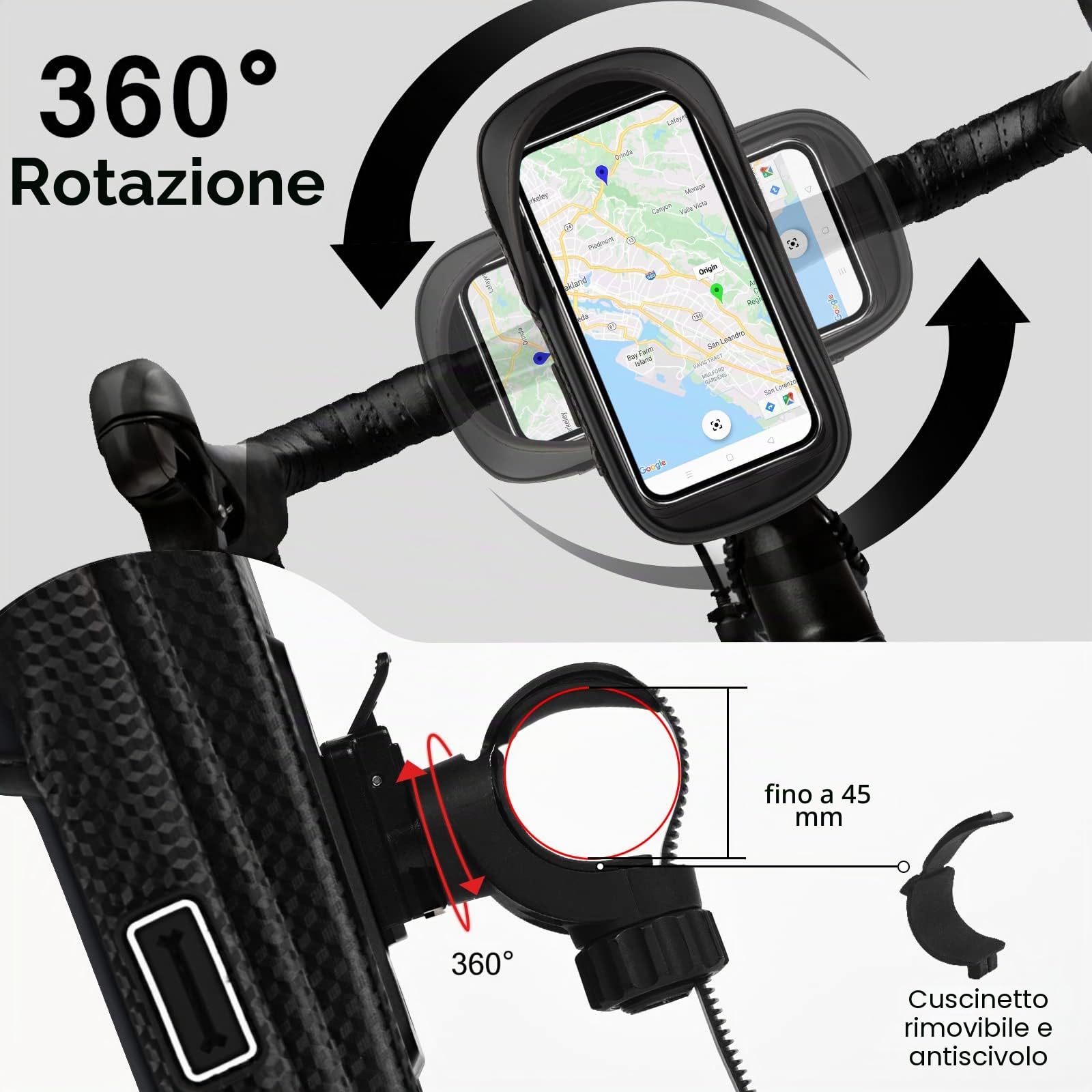 Vitalismo Porta Cellulare Bici Impermeabile, Borsa Manubrio Bici con Parapioggia Supporto Telefono Bici MTB Monopattino Elettrico Moto Rotazione 360°Touch Screen per smartphone 7 Pollici