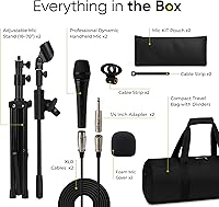 Vista 2 de Bowens Paquete de 2 micrófonos profesionales XLR con soporte para micrófono, micrófono de mano para cantar, karaoke y uso en escenario, incluye