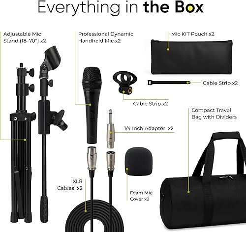 Miniatura 2 de Bowens Paquete de 2 micrófonos profesionales XLR con soporte para micrófono, micrófono de mano para cantar, karaoke y uso en escenario, incluye