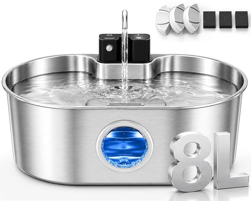 Fonte de água para cães em aço inoxidável recarregável SohoTeco com sensor de movimento, 8 L