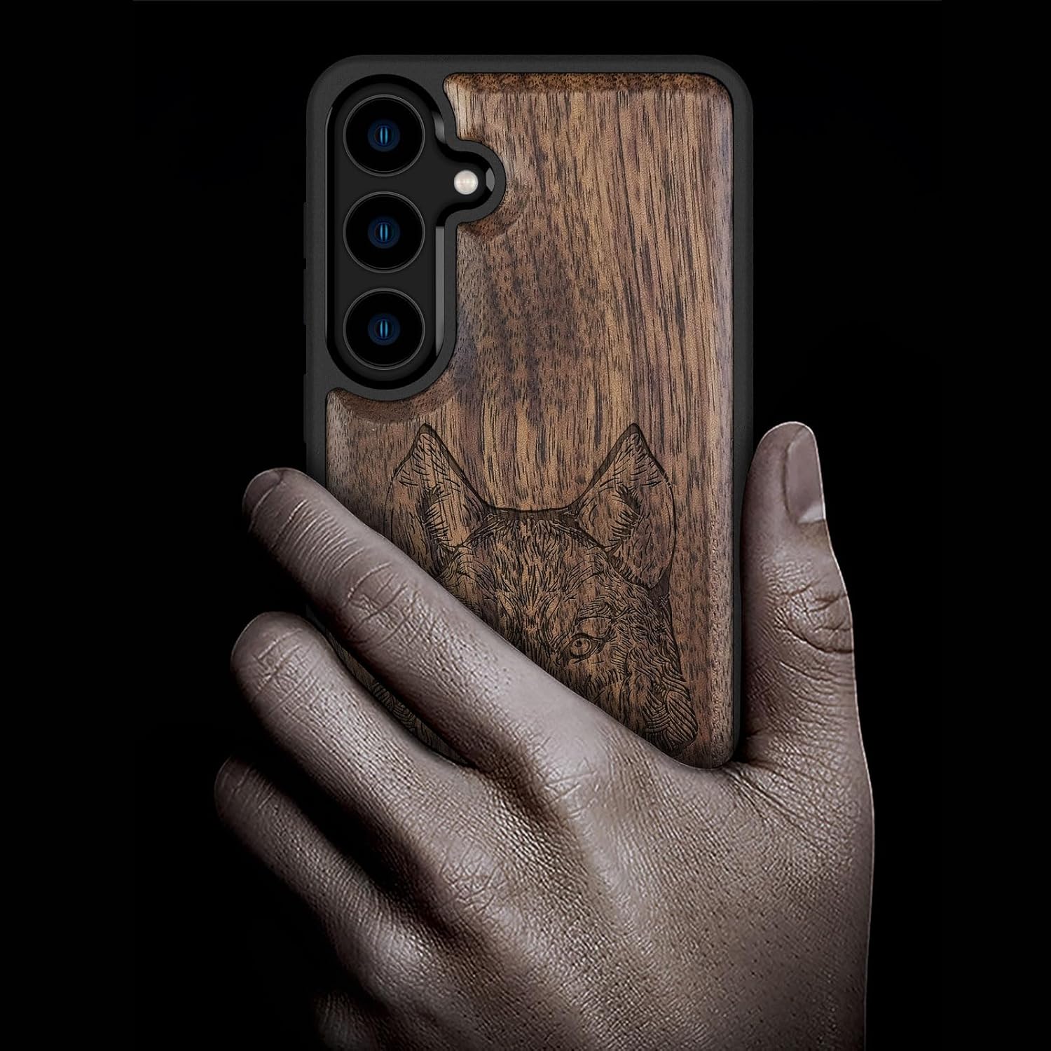 Carveit Wood Case for Galaxy S24 Plus Case [Natural Wood & Black Soft TPU] Shockproof Protective Cover Unique Wooden Design Compatible with S24 Plus (Wolf Head-Walnut)