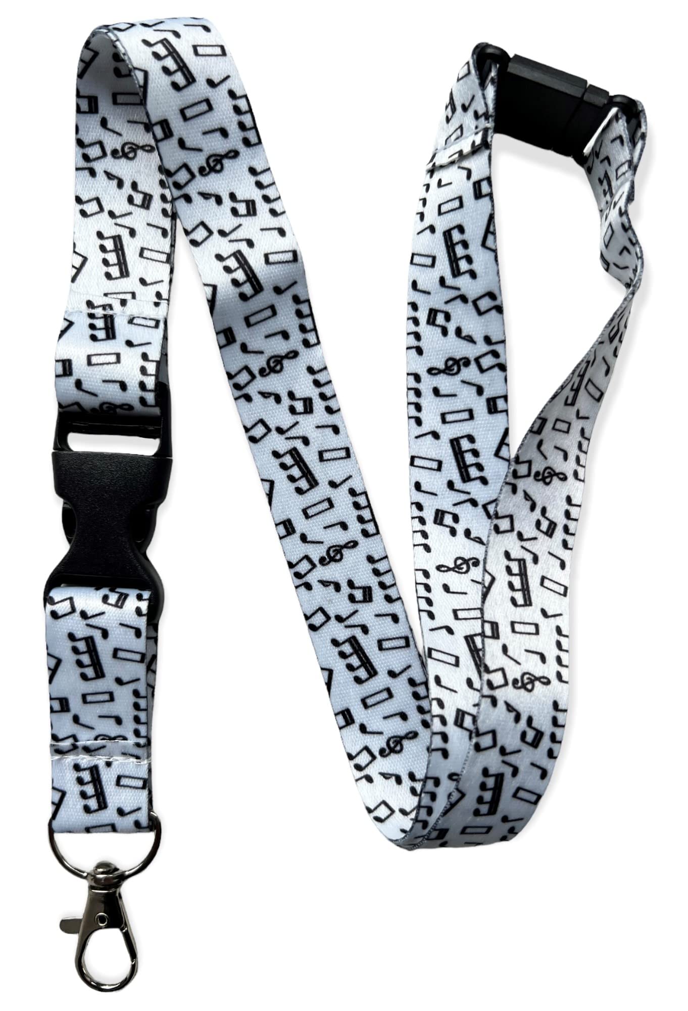Pac Supplies Global White Musical Notes Lanyard With Detachable Buckle Clip & Safety Breakaway