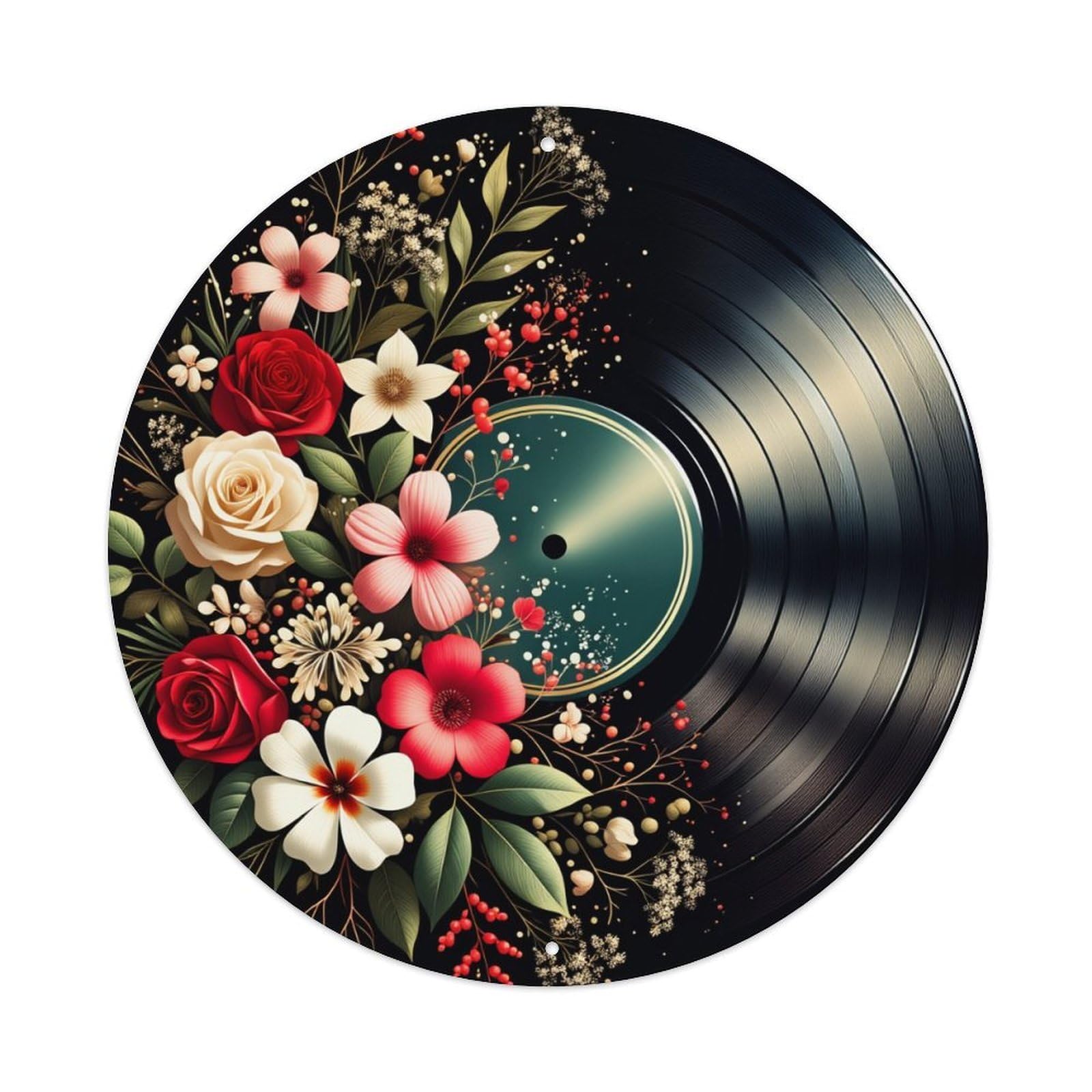 Floral Vinyl Record Art Design Vintage Round Tin Sign Retro Metal Wall Decor Metal Poster, Home Bar Garage Cafe Wall Art Decoration 8x8Inches
